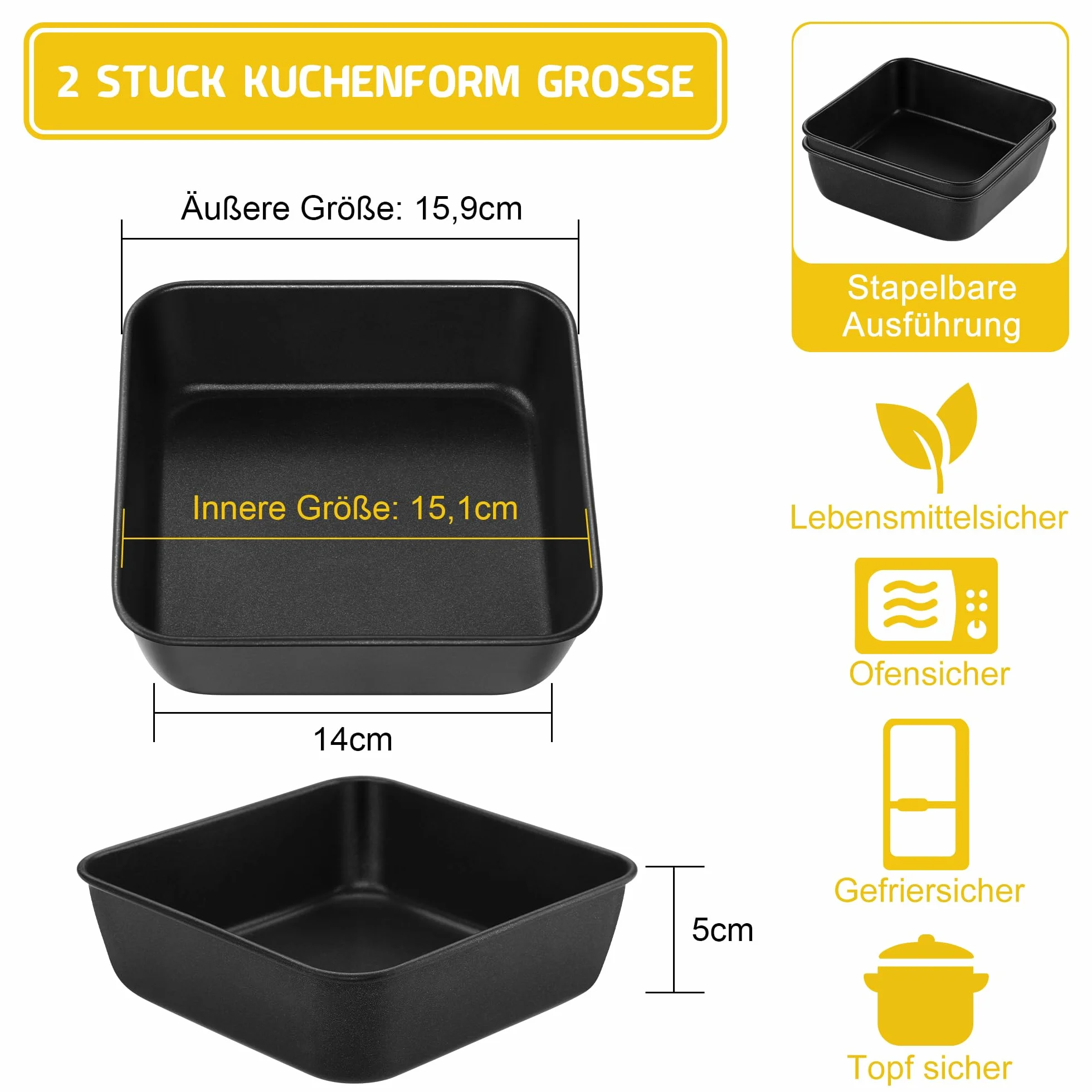 Onader Kwadratowe naczynie do zapiekanek, zestaw 2 szt., stal nierdzewna, prostokątna forma do pieczenia z powłoką zapobiegającą przywieraniu, idealna do ciasta/brownie/lasagne, zdrowe i łatwe do