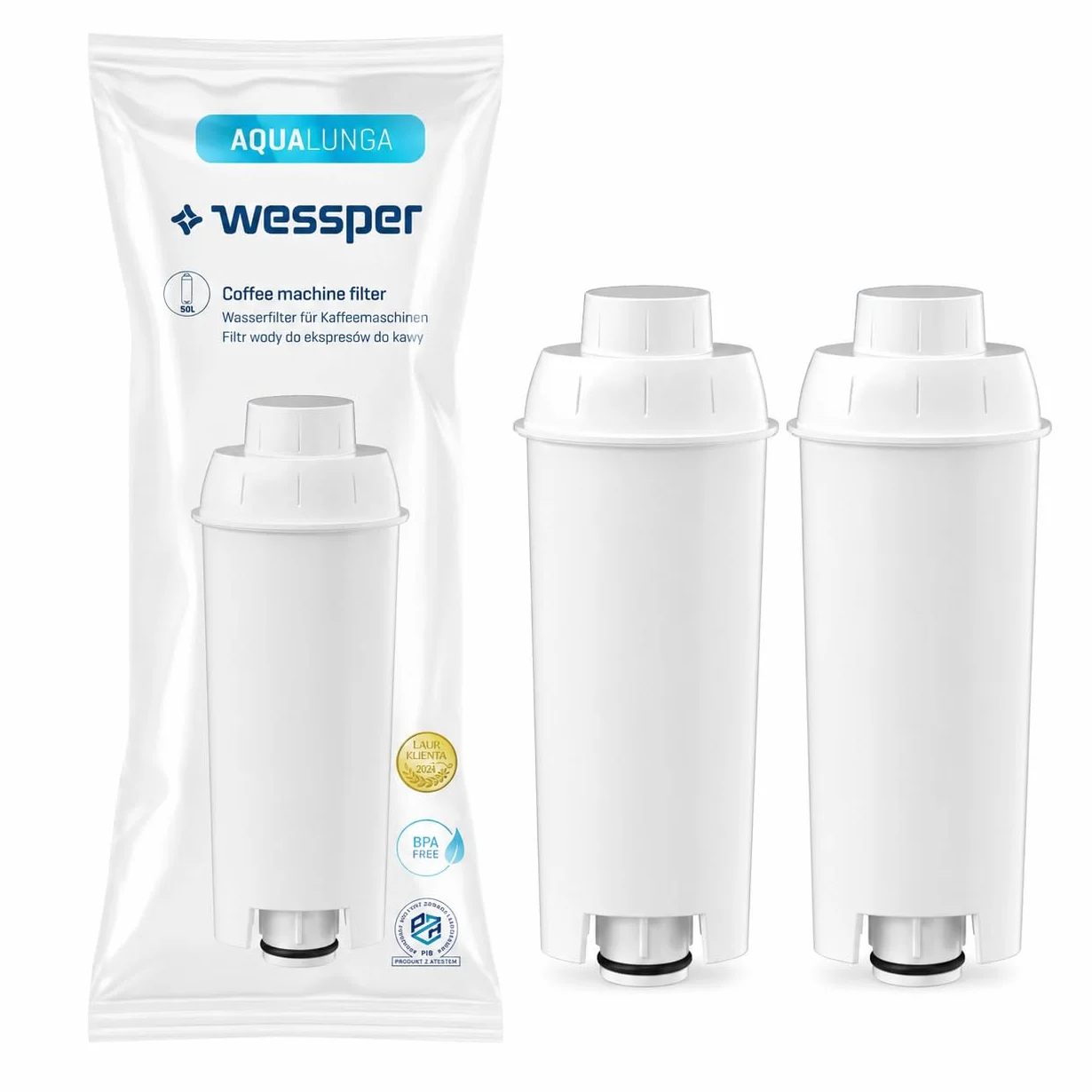 Wessper Aqua Lunga Filtr wody do ekspresu do kawy Delonghi DLSC002, SER3017 & 5513292811 - kompatybilny z ECAM, ESAM, ETAM, seria SECAM (2 sztuki)