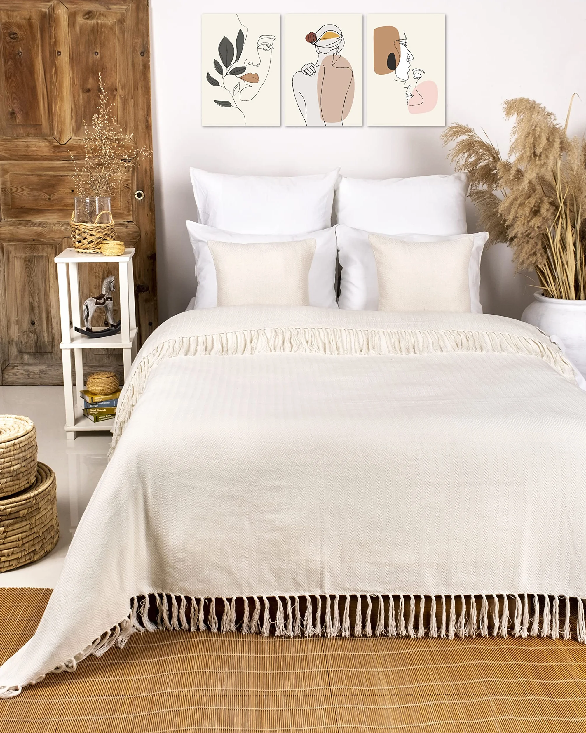 Gräfenstayn Narzuta klasy premium z frędzlami, XXL, 100% bawełna, wzór w jodełkę, koc, na lato, na łóżko, na kanapę, na sofę, 220 x 240 cm, kremowa