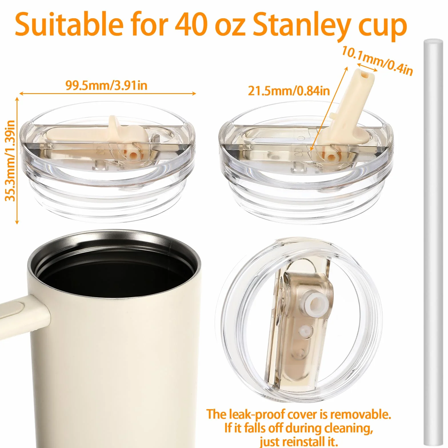 Quuylin Stanley 2 sztuki zapasowych pokrywek do kubka Stanley, szczelne, z 2 słomkami do picia i 1 szczotką ze słomką, zapasowa pokrywka wielokrotnego użytku do kubków 40 oz (biała + czarna)