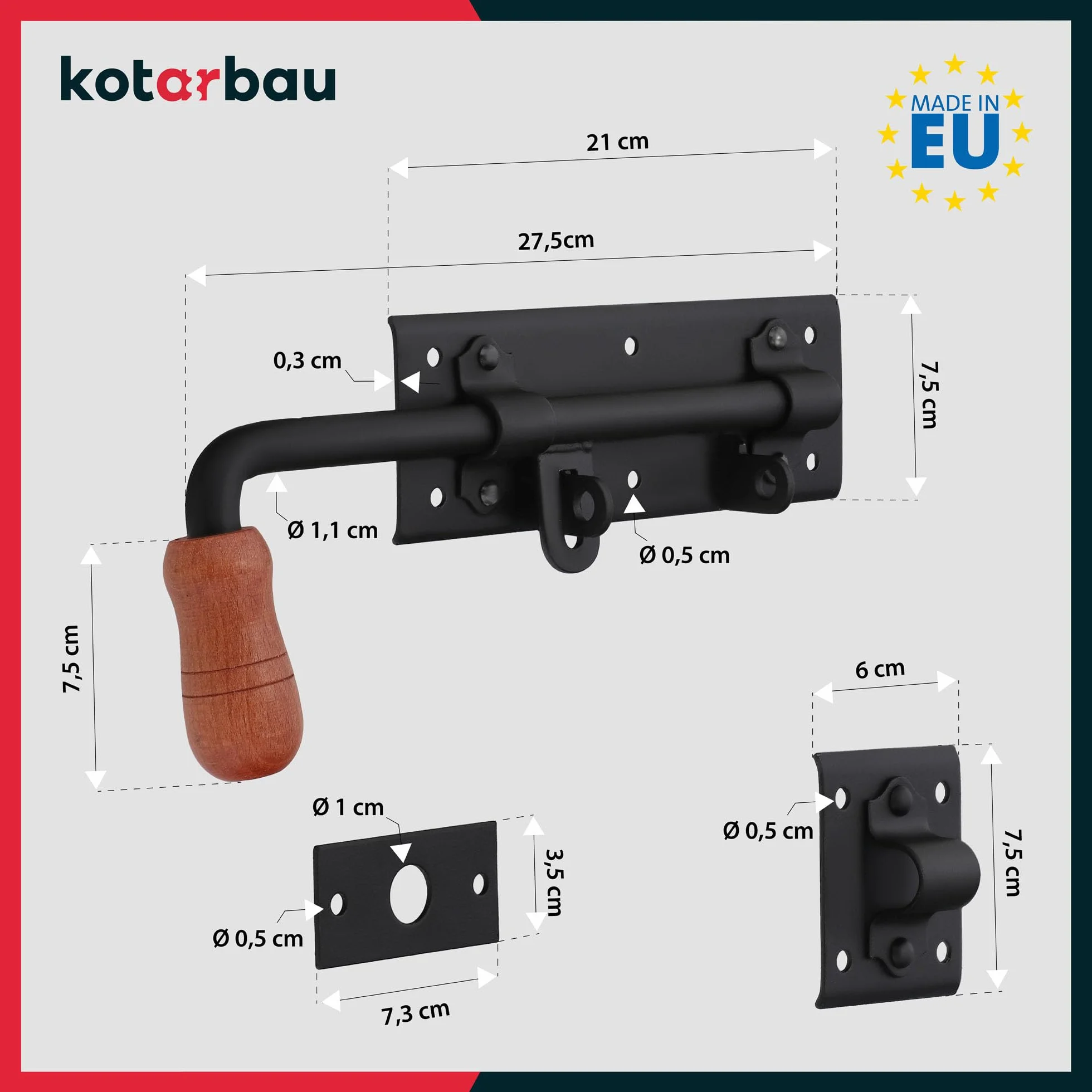 KOTARBAU® Brygiel do bramy 280 mm lewy rygiel do drzwi rygiel zamkowy rygiel zamkowy powlekany proszkowo zamek ryglowany zamknięcie bramy czarny najwyższa jakość