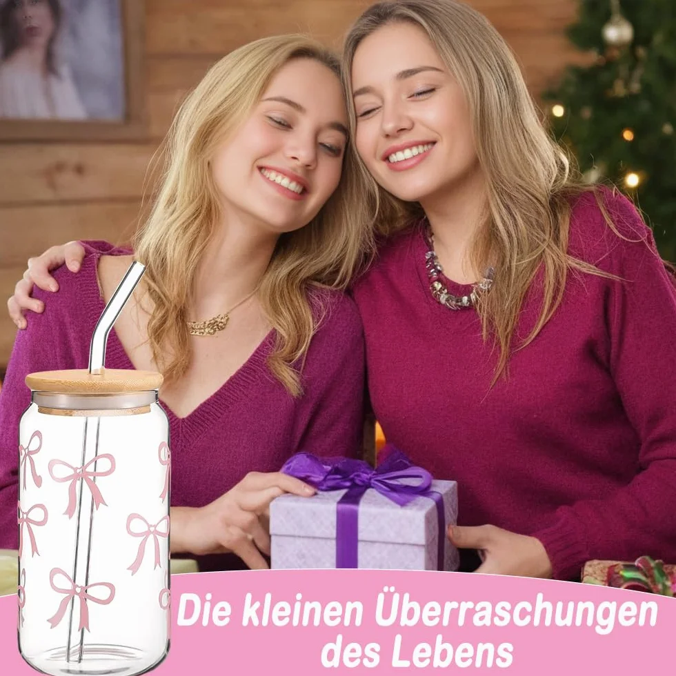 Szklanka do picia ze słomką i pokrywką 200 ml, szkło do matchy z motywem kokardki, kubek Bubble Tea