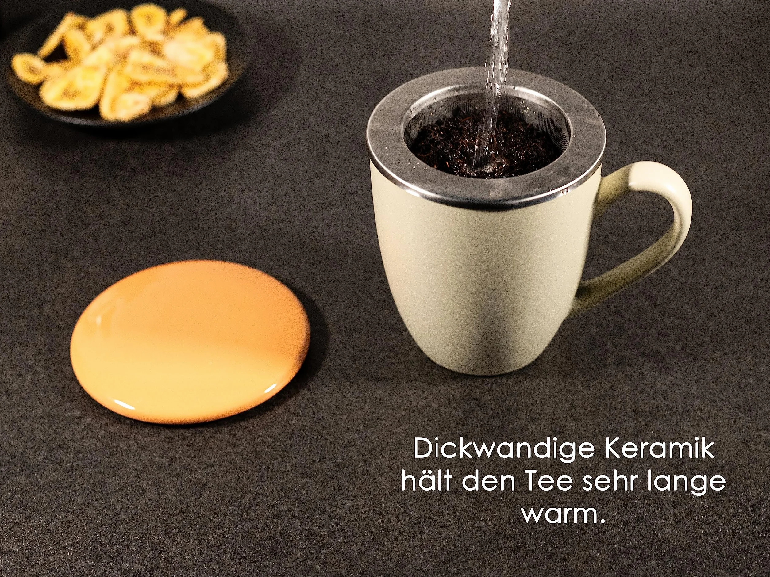 Hanseküche Filiżanka do herbaty z pokrywką i sitkiem – XXL kubek do herbaty 600 ml – duża filiżanka do herbaty ceramiczna – filiżanka Jumbo z pokrywką, ceramiczny, filtr do herbaty, sitko do herbaty