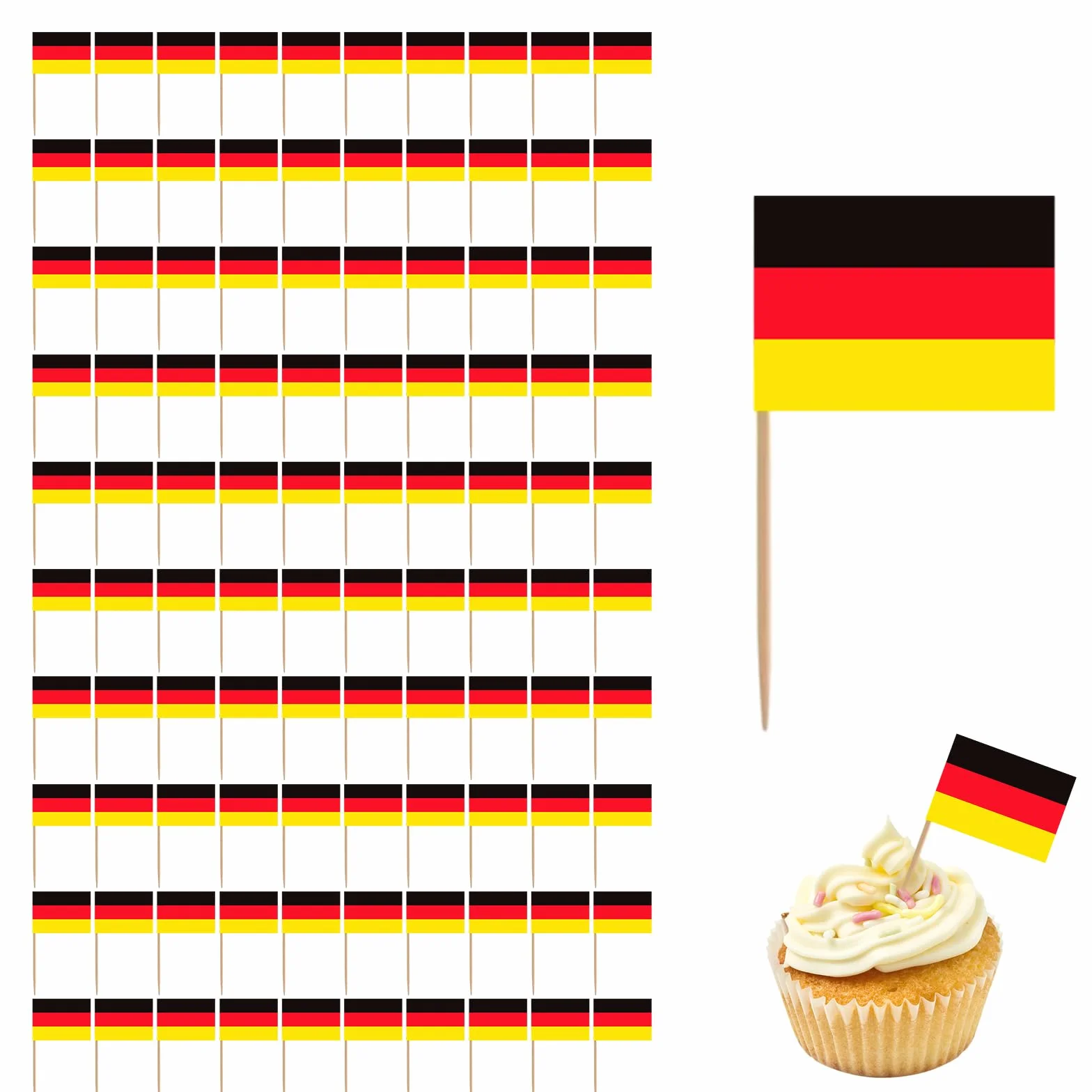 100 sztuk flaga Niemcy Wykałaczka, Cocktail Stick Flagi Mini Banner Cupcake Toppers Party, Patyczki na imprezę, jedzenie, owoce, talerze, imprezy, puby, dekoracja