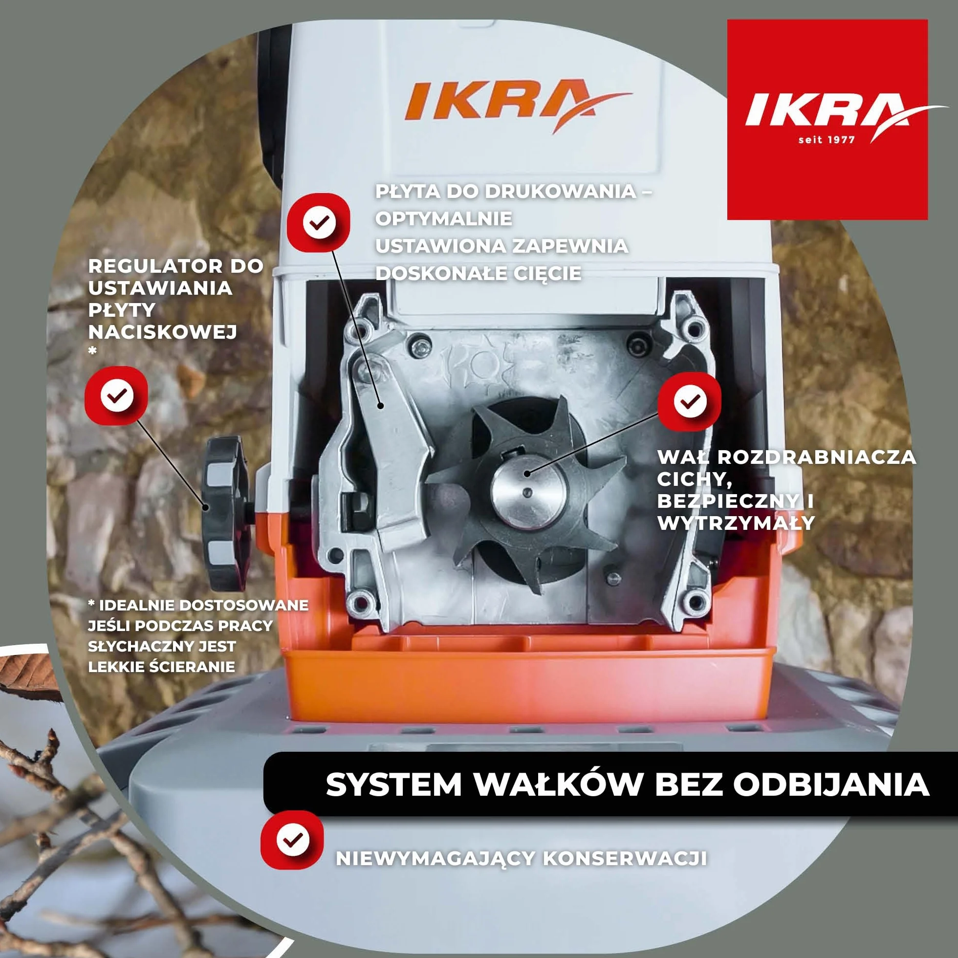 IKRA rozdrabniacz ogrodowy walcowy elektryczna ILH 2800 cicha, wytrzymała i łatwa w konserwacji moc 2800 W grubość gałązki do 44 mm