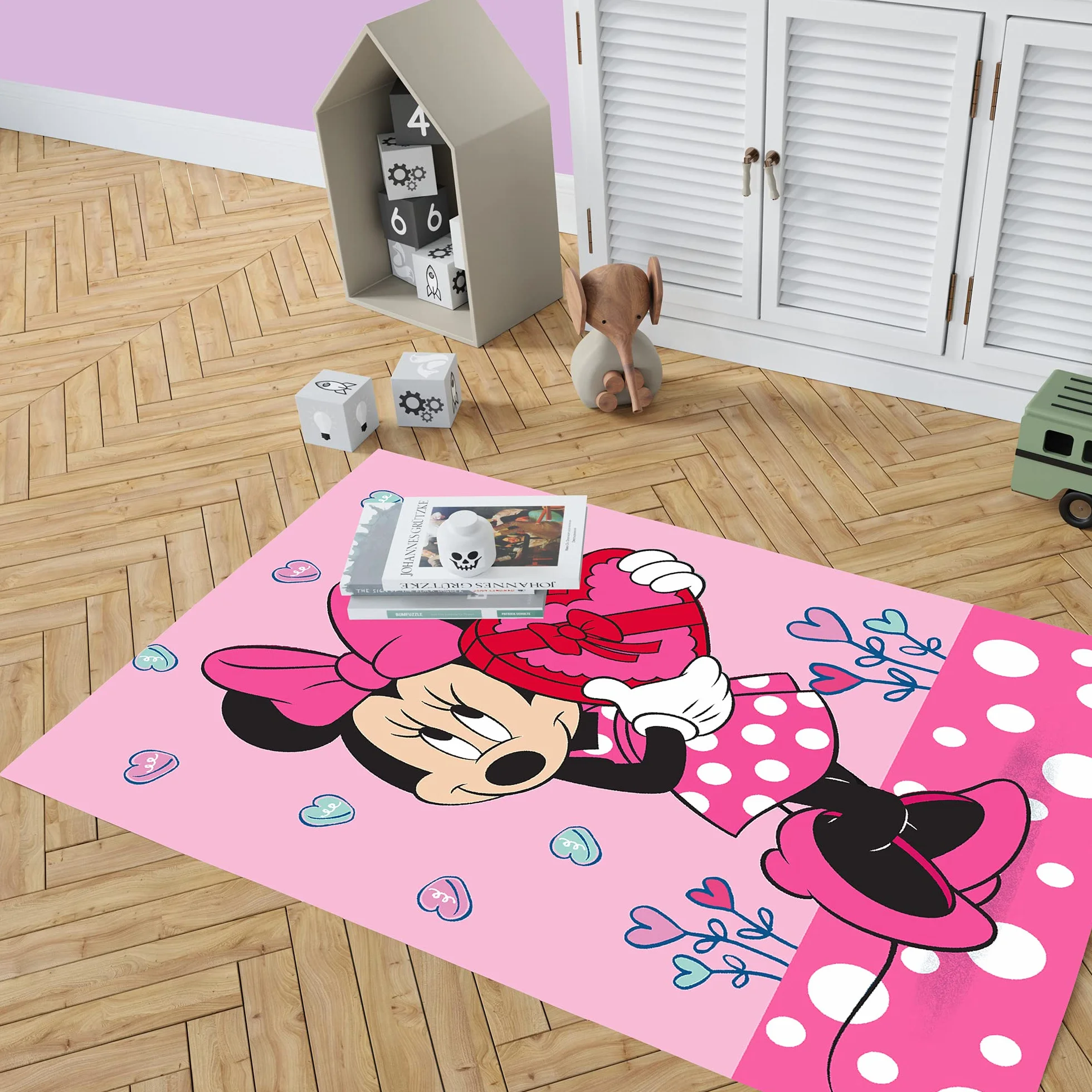Minnie Mouse Dywan do pokoju dziecięcego, w kształcie serca, różowy, 100 x 133 cm, antypoślizgowy, tłumiący hałas, do zabawy, dla dziewcząt, dywan do zabawy, motyw Myszki Miki Myszka Miki Sweet Love