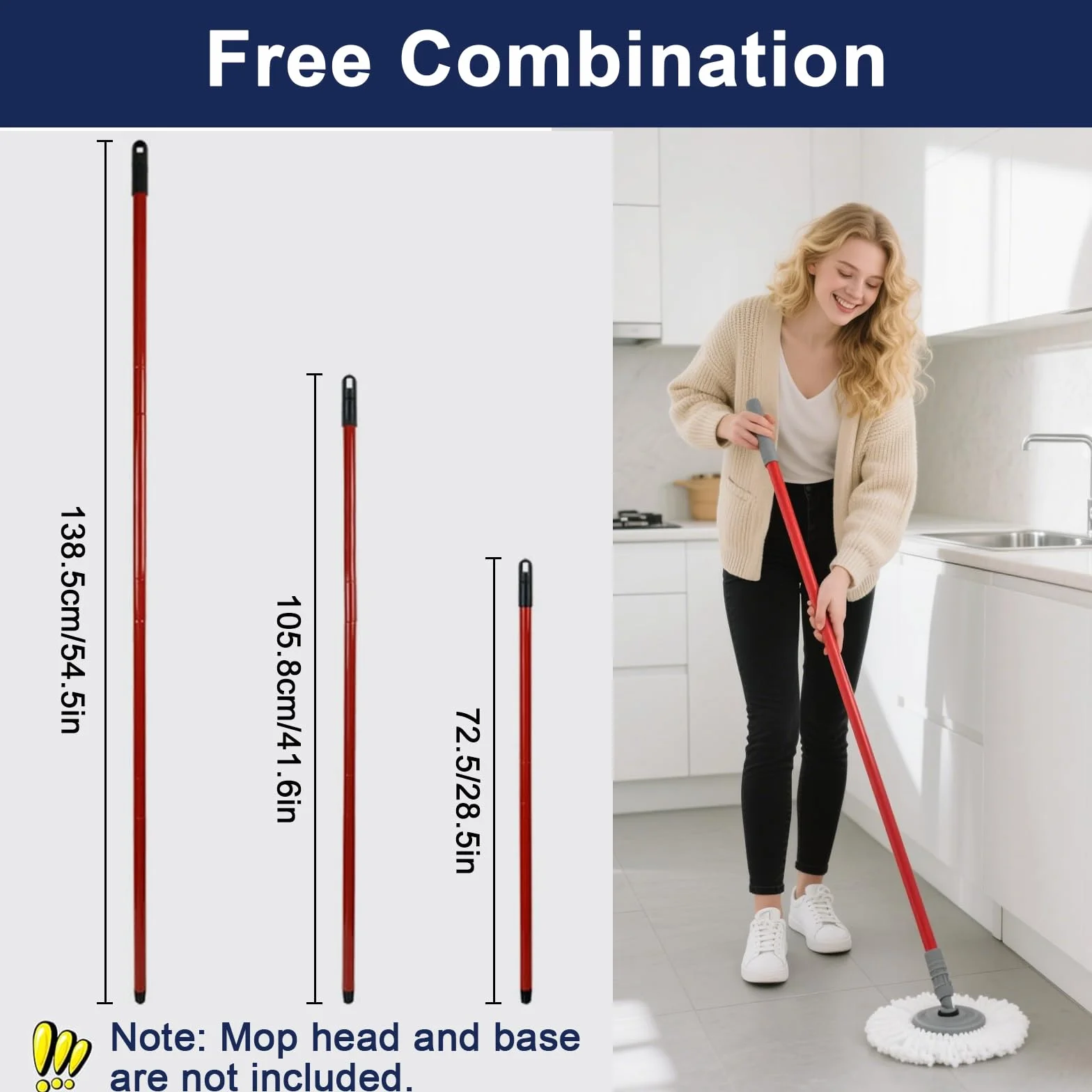 Wymienny uchwyt kompatybilny z Vileda Turbo Spin Mop, 4-sekcyjny zapasowy drążek do mopa, regulowany mop, wymienny uchwyt do mopa, teleskopowy uchwyt do czyszczenia podłóg