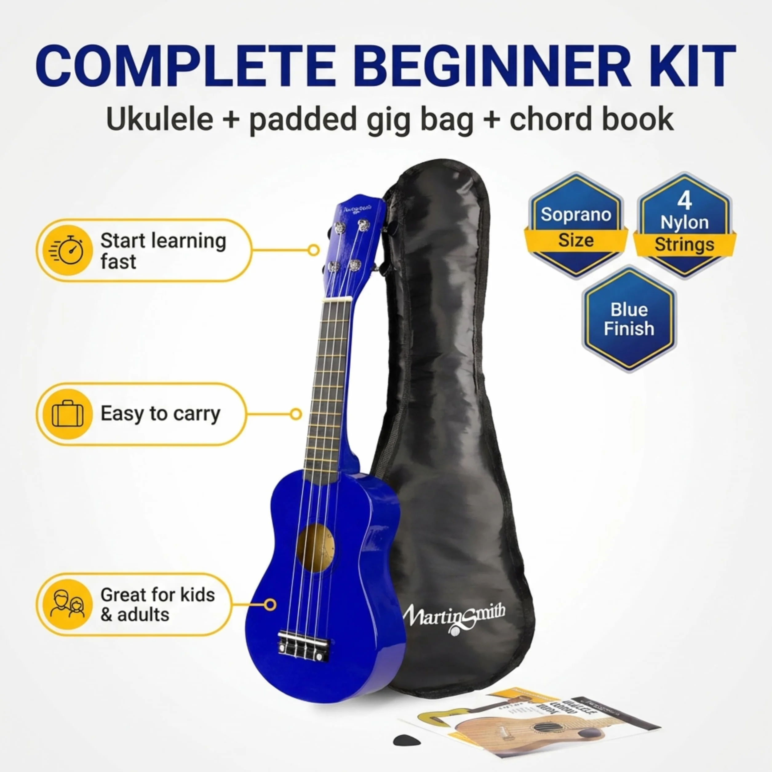 Martin Smith ukulele sopranowe z torbą, plettrami i książką akordów, Niebieski
