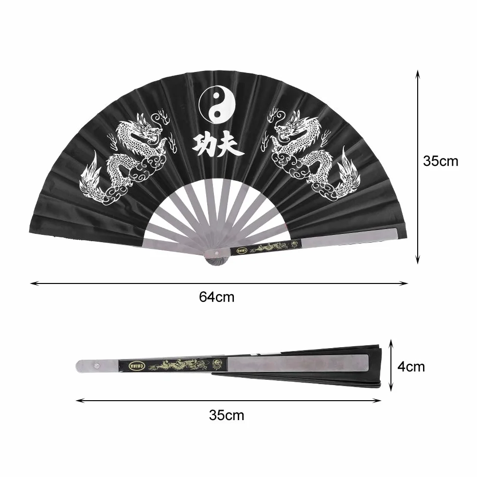 Wentylator SkłAdany ze Stali Nierdzewnej ChińSki Wentylator Tai Chi Sztuki Walki Wentylator Walki Kung Fu dla MężCzyzn i Kobiet Wydajność, Taniec, Dekoracje 64 X 35 Cm (Czarny)