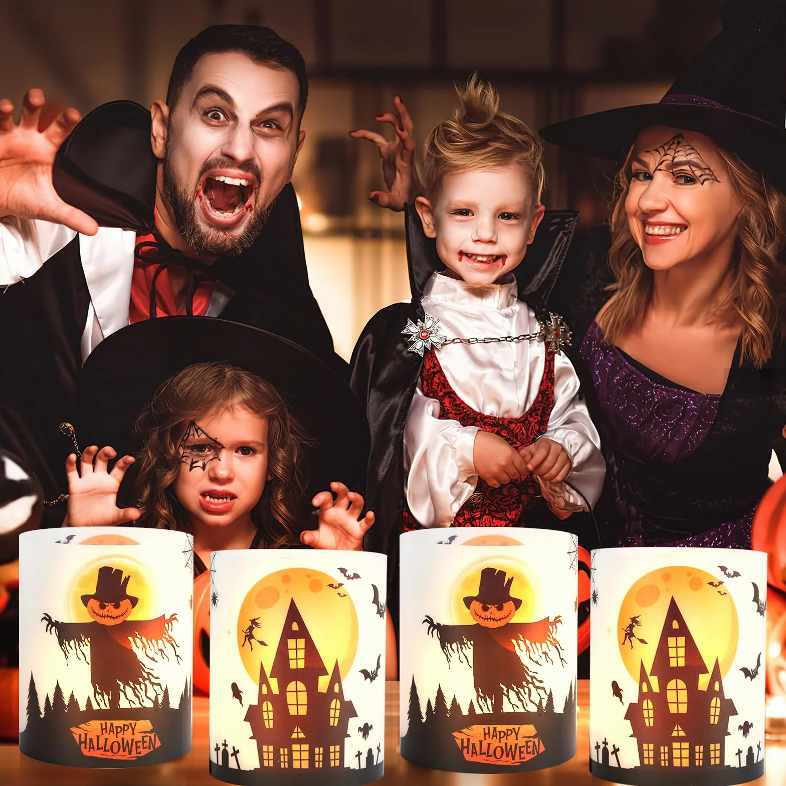 12 sztuk lampionów dekoracja stołu na Halloween, dekoracja stołu, nietoperze, czarownica, pajęczyny, zamki na Halloween, dekoracja świec, do wewnątrz i na zewnątrz
