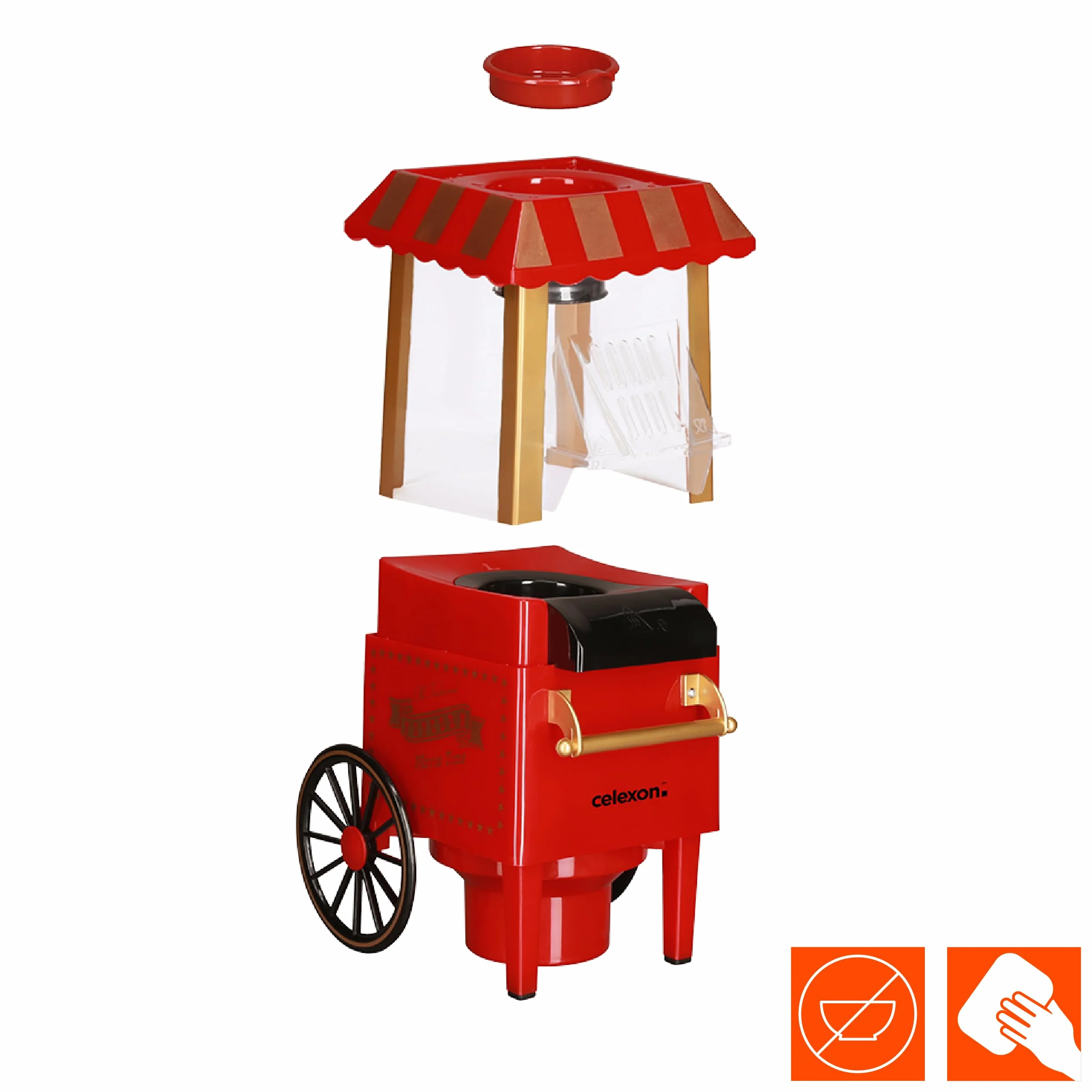 celexon CinePop CP500 maszyna do popcornu – 24 x 19 x 39,5 cm – waga: 1,7 kg – czerwony/retro/wzór Kirmes – bez oleju/niskotłuszczowego – urządzenie do robienia popcornu