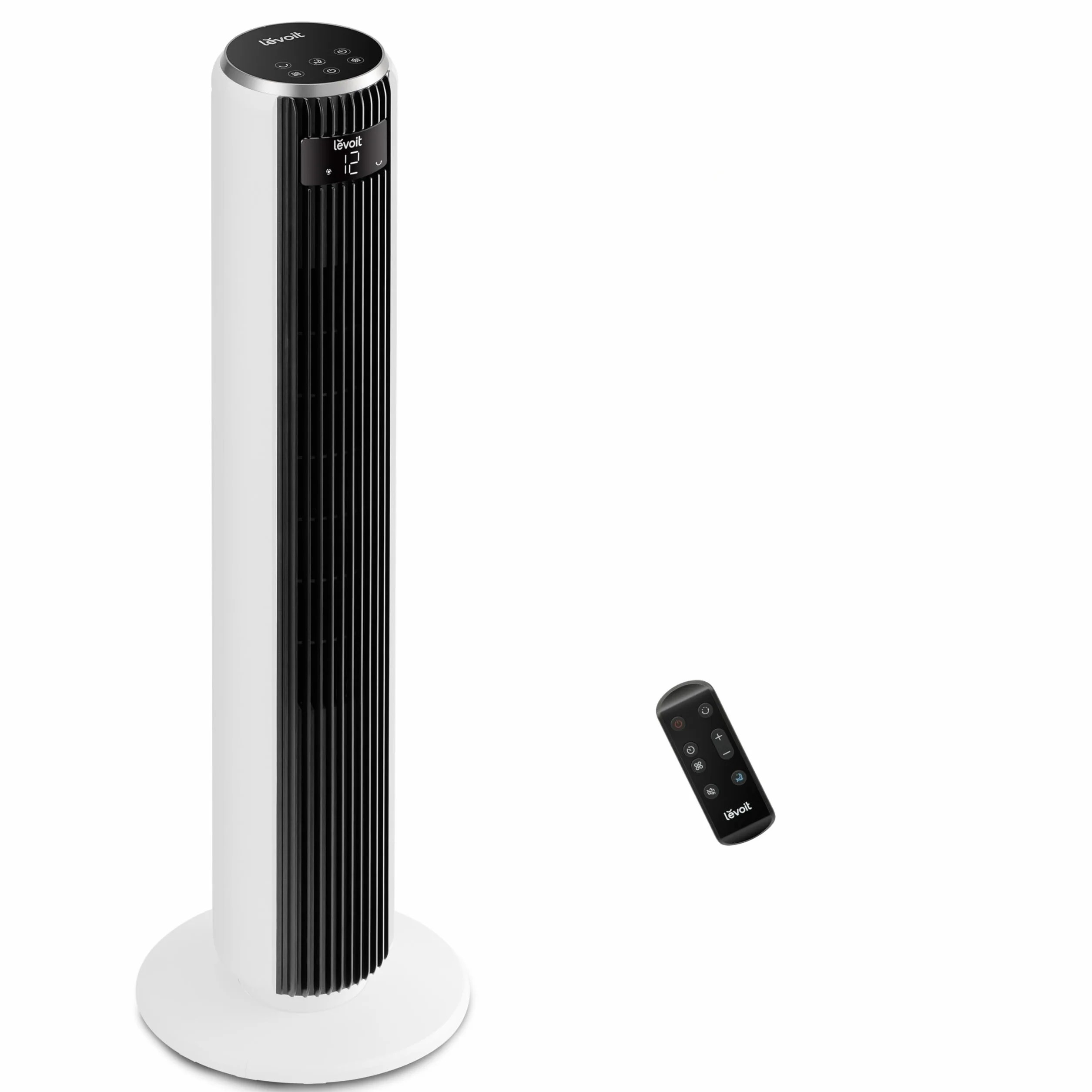 LEVOIT Cichy wentylator kolumnowy 20 dB, silnik DC 7,9 m/s, 26 W, oscylacja 90° z 12 prędkościami, 12-godzinny timer, 4 tryby, chłodzący wyświetlacz LED z pilotem, biały