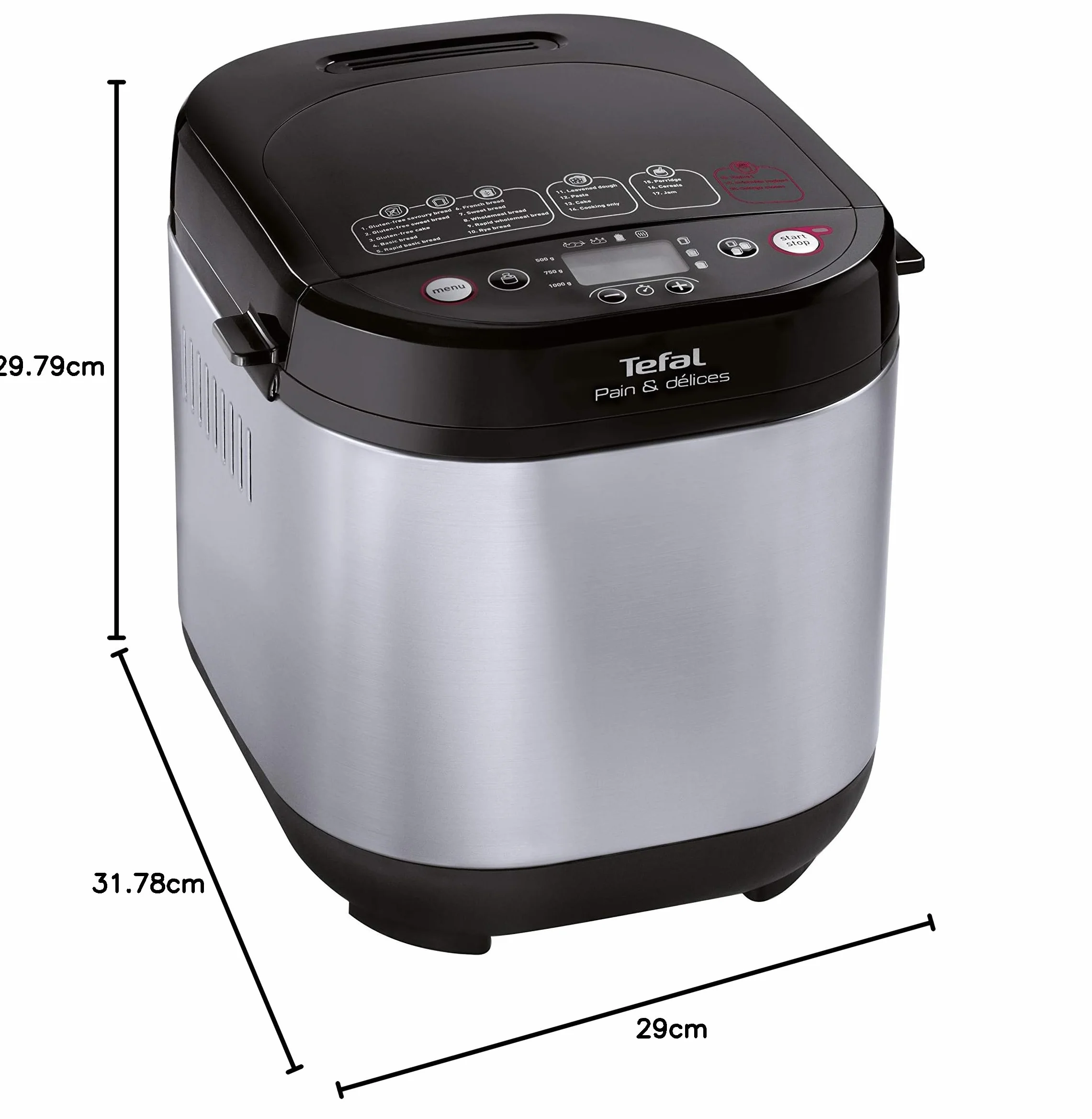 Tefal PF240E Wypiekacz do chleba, 20 automatycznych programów, timer z możliwością opóźnienia startu o15-godzin, funkcja utrzymania ciepła przez 1 h, czarny/srebrny