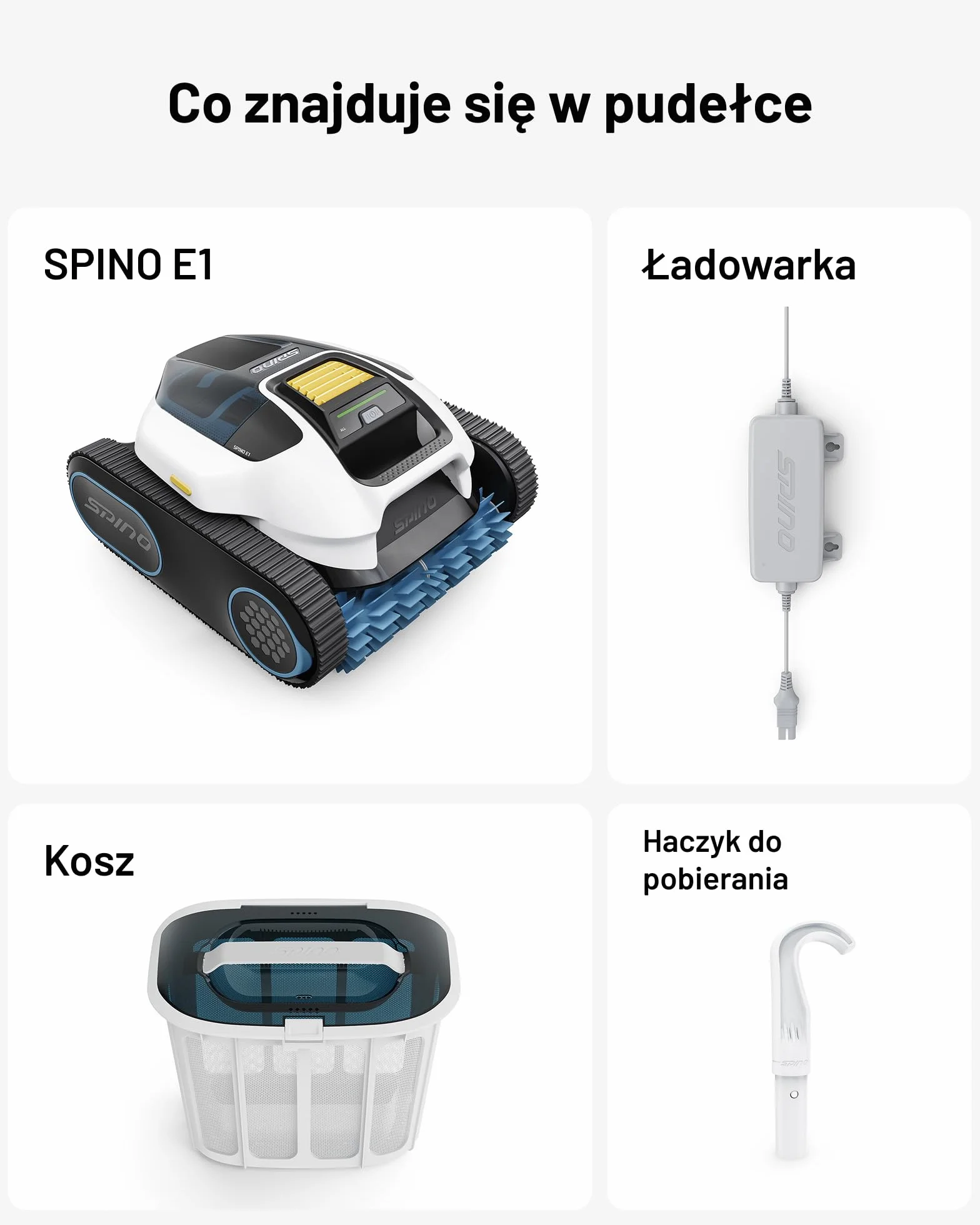 Bezprzewodowy robot basenowy SPINO E1, czas pracy 210 minut, wydajność 21950 l/h, 5 trybów pracy robota basenowego, czyszczenie ścian i linii wodnej, sterowanie aplikacją, ścieżka SmartArc