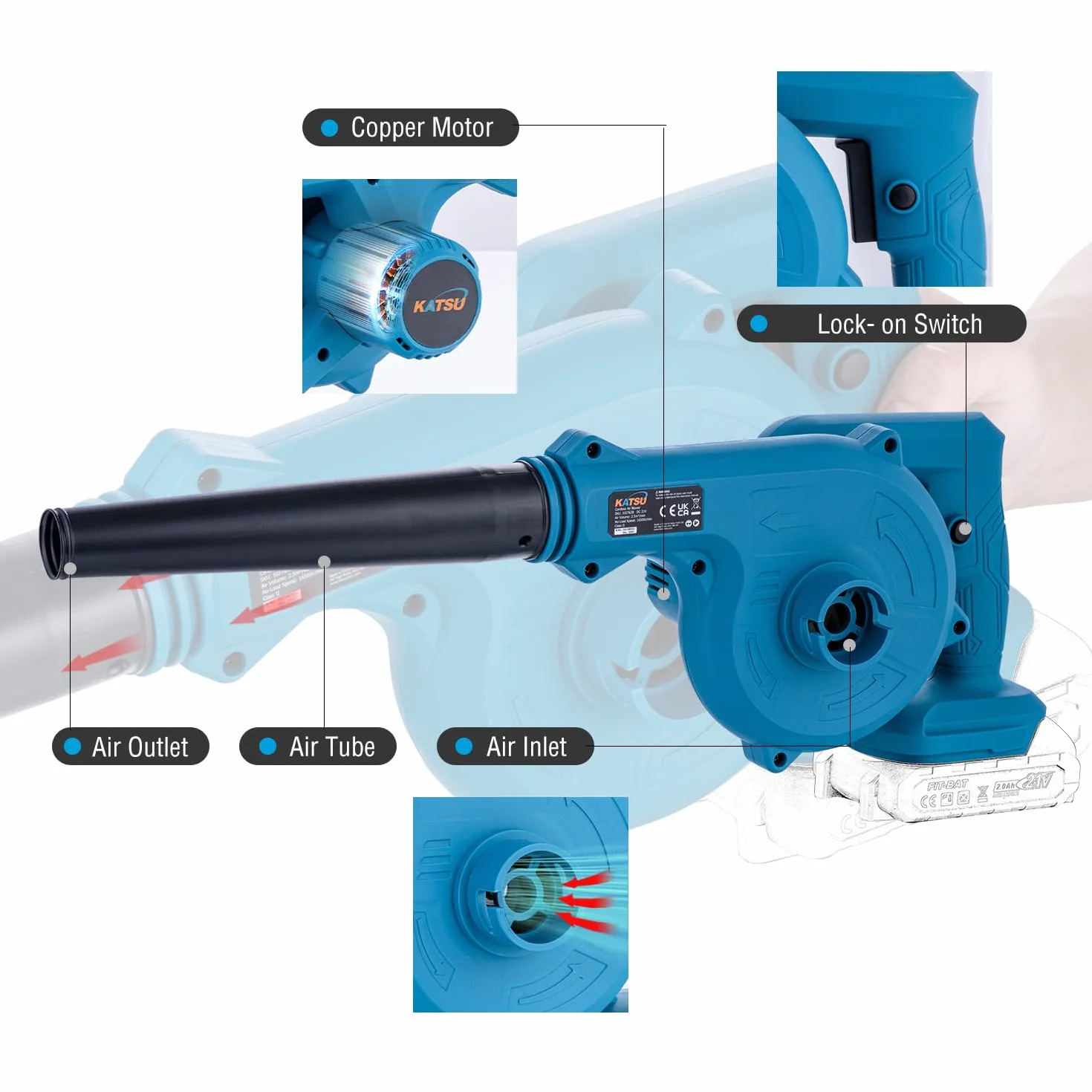KATSU FIT-BAT akumulatorowa dmuchawa 21 V, przenośna dmuchawa do liści do domu, ogrodu, pielęgnacji trawnika, odkurzanie liści, usuwanie kurzu z narożników samochodowych, bez baterii i ładowarki