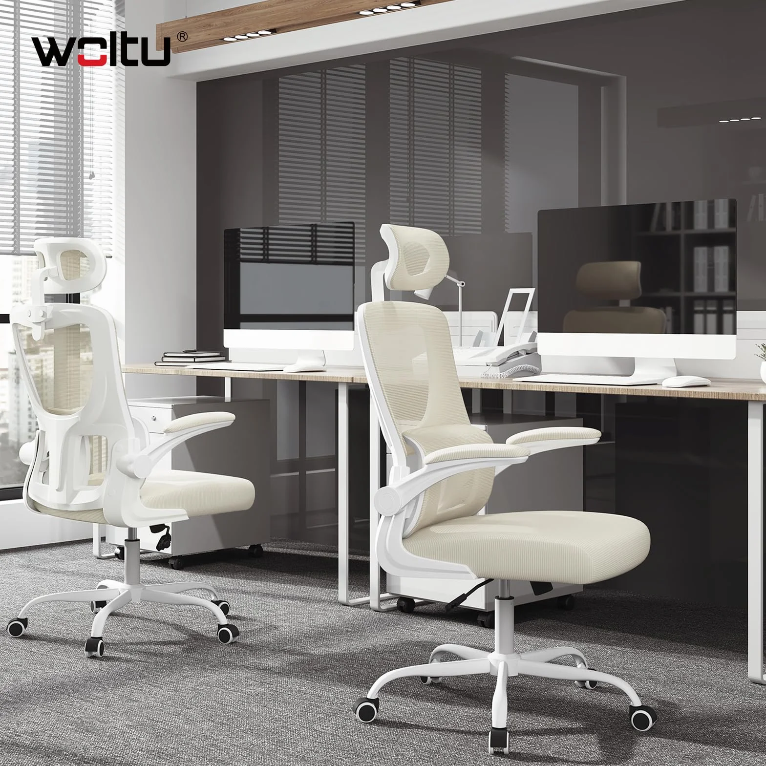 WOLTU Ergonomiczne krzesło biurowe, krzesło biurowe z funkcją bujania, regulowany zagłówek, odwracane podłokietniki, podparcie lędźwiowe, krzesło robocze do biura, krzesła biurowe 150 kg, beżowe