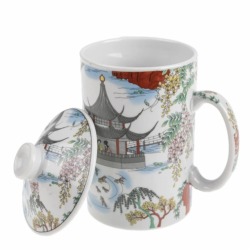 Chińska filiżanka Contemplation des See porcelanowa do herbaty z sitkiem i pokrywką tradycyjne chińskie malarstwo