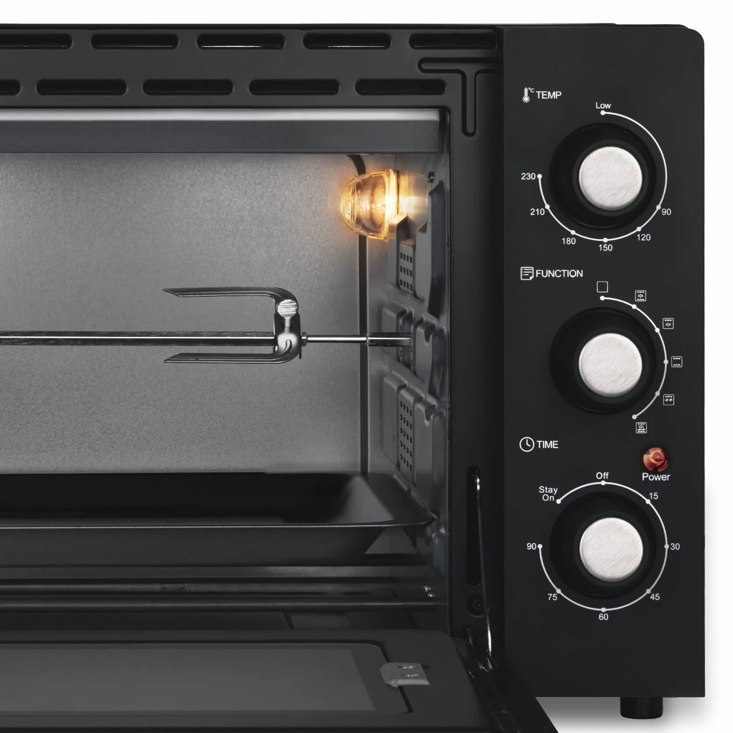 Kompaktowy mini piekarnik FO42 H.Koenig, pojemność 42L, temperatura do 230°C, 5 trybów gotowania, timer do 90 min, ciepło obrotowe/pieczone, z szczypcami, podnośnikiem okruchów i gramofonem, 2000 W