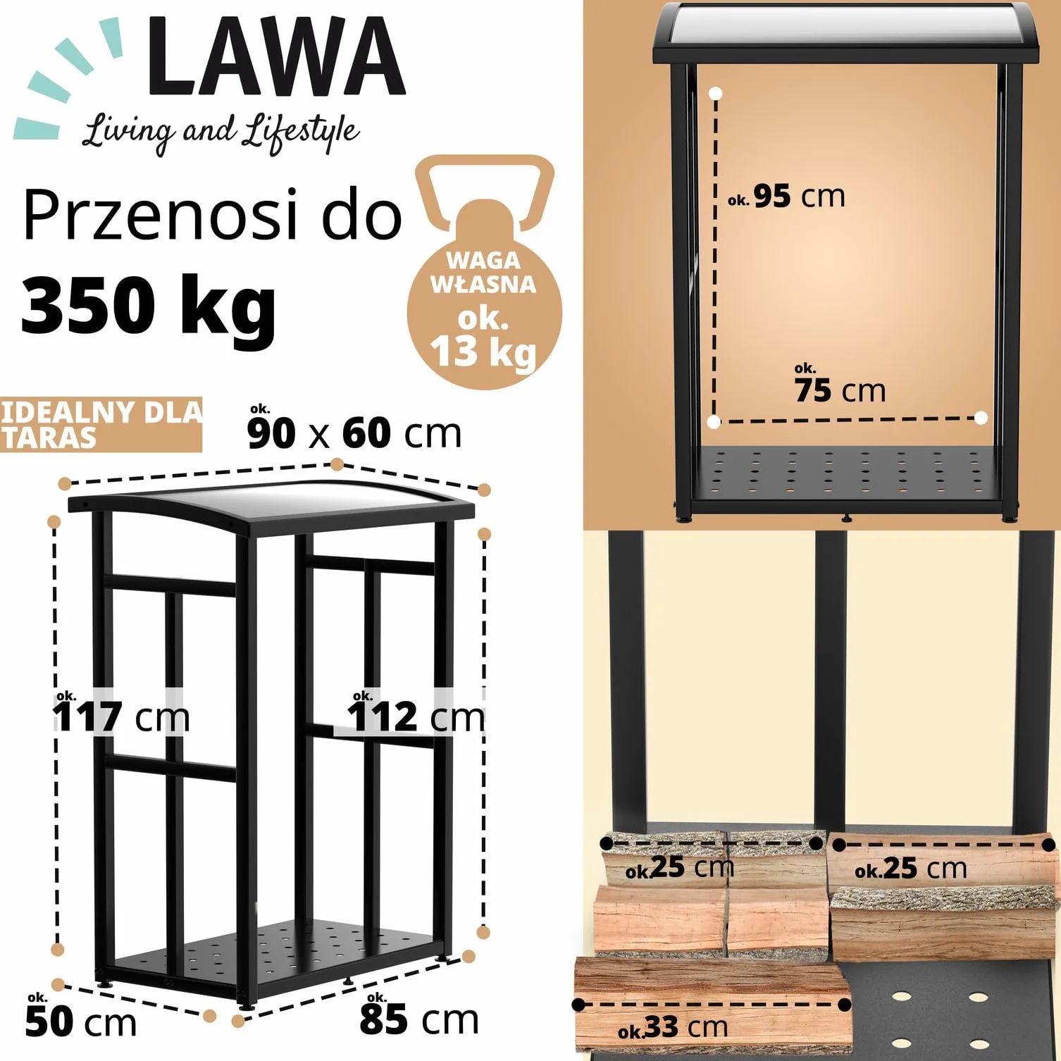 Stojak na drewno opałowe z daszkiem 91 x 56 x 117 cm metalowy regał na drewno kominkowe na zewnątrz na taras i balkon czarny na 2x 25 cm drewna opałowego