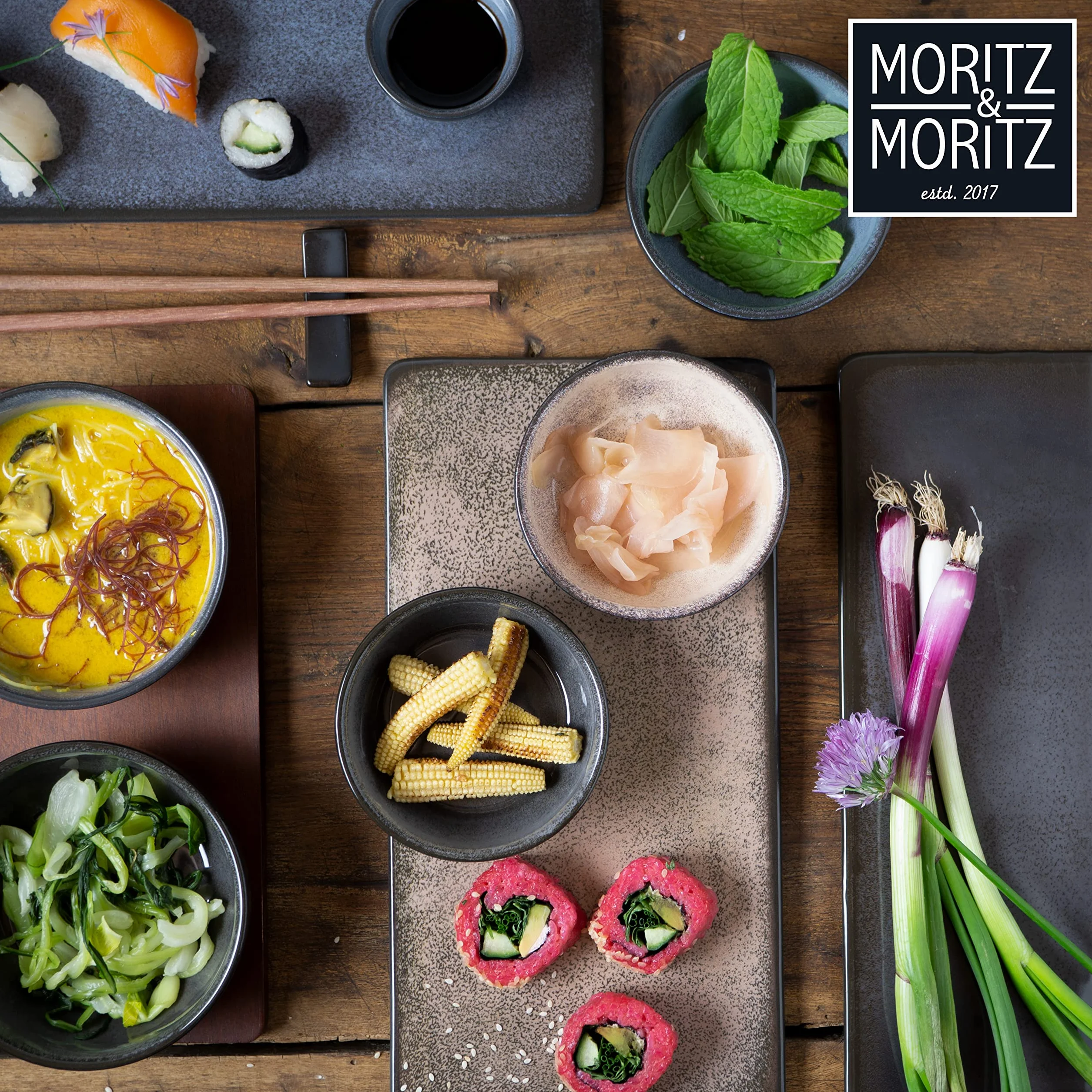 Moritz & Moritz VIDA zestaw naczyń do sushi dla 2 osób, zestaw 10 sztuk, zestaw do sushi z 2 talerzami do sushi, miseczkami na sosami i pałeczkami