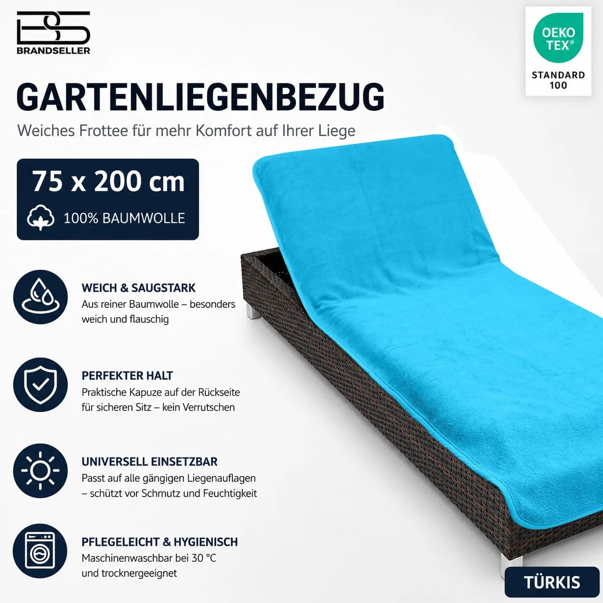 Brandsseller Pokrowiec ochronny na leżak ogrodowy, plażowy, ręcznik frotte, ok. 75 x 200 cm – turkusowy