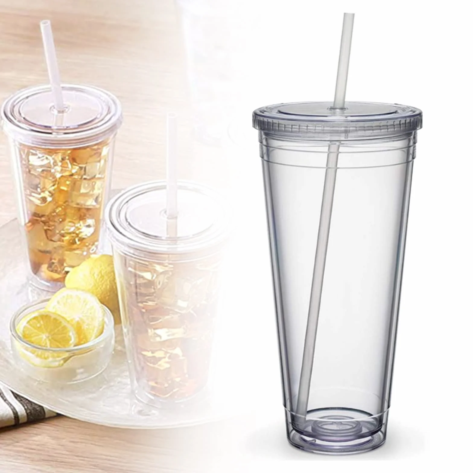 Plastikowy kubek podróżny ze słomką, dwuwarstwowy kubek z tworzywa sztucznego, szczelny kubek na sok owocowy, smoothie, kawę, kawę mrożoną (650 ml)
