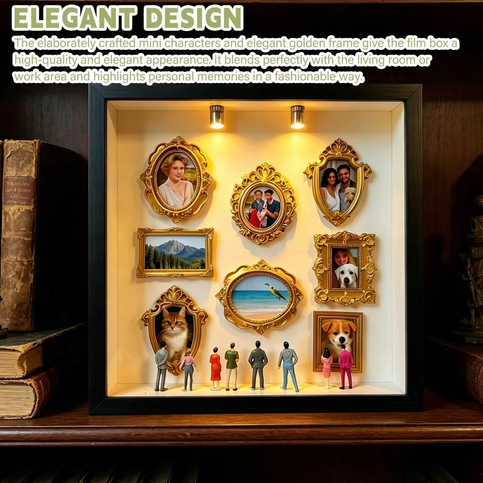Mini muzeum "zrób to sam", małe ramki muzealne z 8 mini złotymi ramkami i 8 przypadkowymi figurkami, kreatywna ramka na zdjęcia ze światłem LED, dekoracja domu, rocznica, ślub, urodziny (czarne)