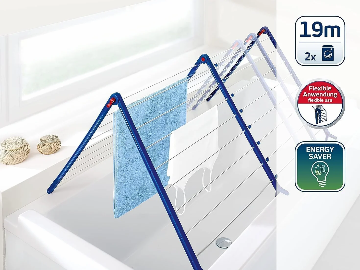 Leifheit suszarka na wannę Pegasus Bath 190 Extendable, stabilna suszarka stojąca do wanny, wysuwana, wyjątkowo wąska, idealna do małych łazienek