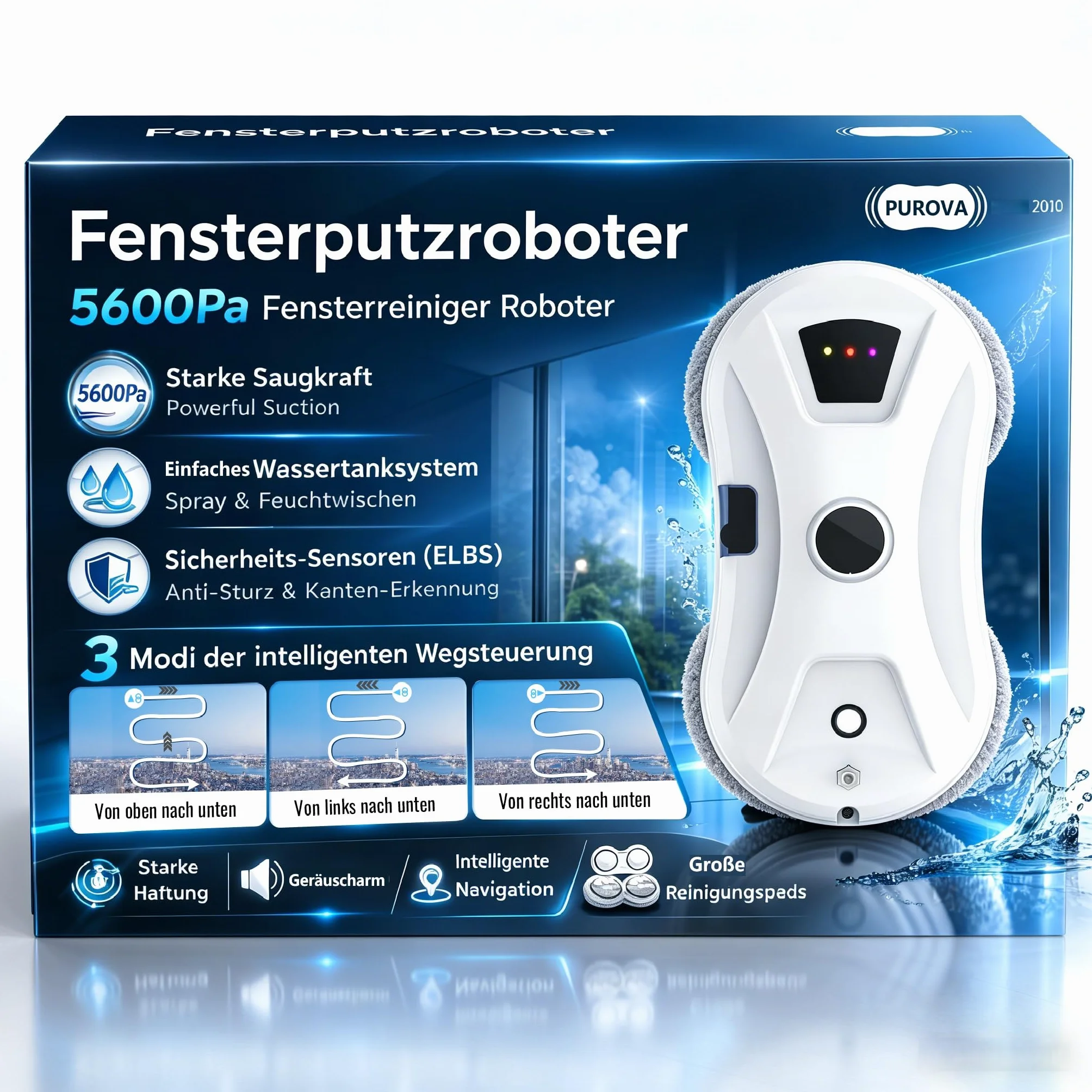 Robot do mycia okien z funkcją spryskiwania, 5600 Pa robot okienny z inteligentną nawigacją, 3 tryby czyszczenia, linka bezpieczeństwa i UPS, do okien, szkła, luster i płytek