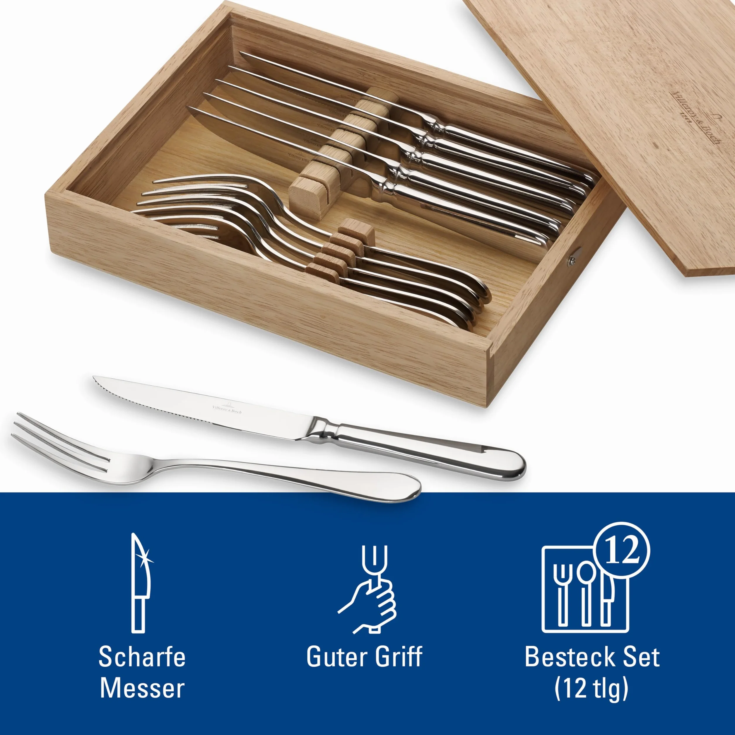 Villeroy & Boch 1263399374 Oscar Steak, 12-częściowy zestaw stalowych sztućców dla maksymalnie 6 osób, nadaje się do mycia w zmywarce, 28,5 x 20 x 5 cm, biały