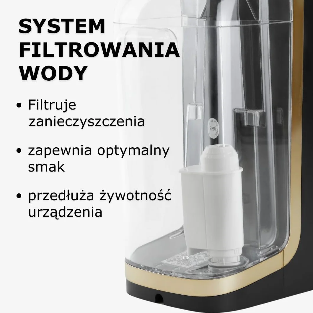 BRU Automat do herbaty sypkiej, ziół i torebek, herbata z dozownikiem gorącej wody i ekspresem, filtr wodny po naciśnięciu przycisku