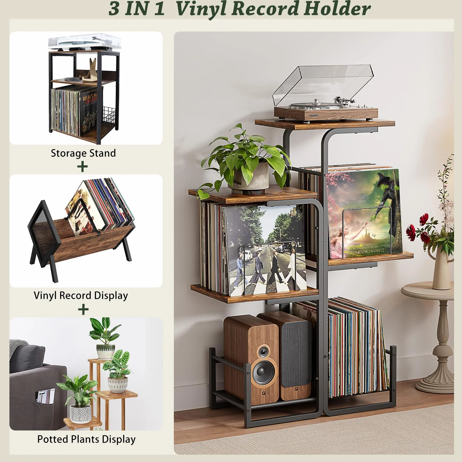 Bikoney Szafka na Gramofon w Stylu Vintage z Dużą Przestrzenią na Płyty Winylowe, Regał na LP z Półkami, Stolik pod Gramofon i Organizer na Płyty do Salonu i Sypialni