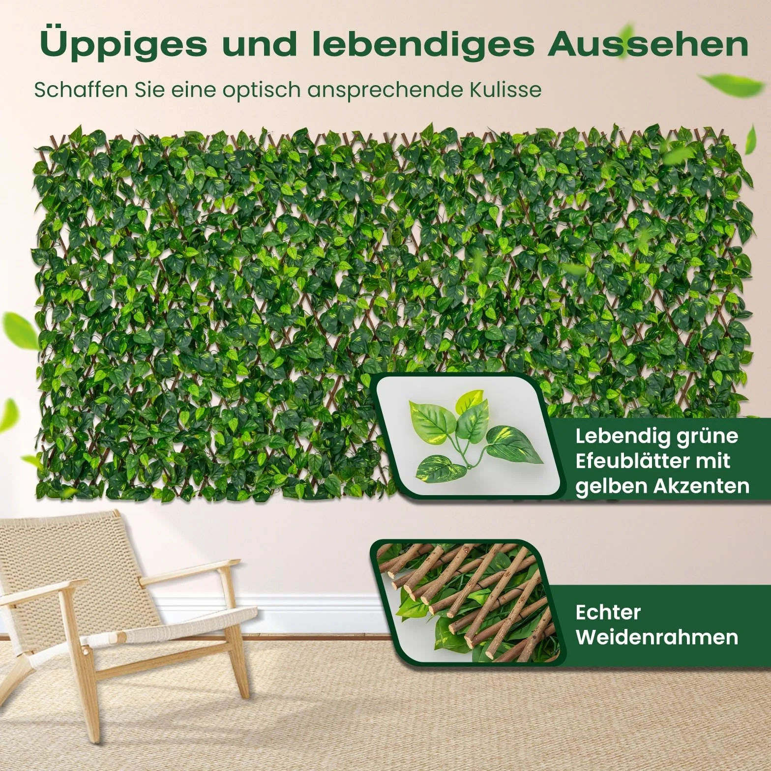 COSTWAY Ochrona prywatności ze sztucznego bluszczu, 180 x 90 cm, ściana roślin, żywopłoty, liście bluszczu, ogrodzenie do żywopłotu ogrodowego, na balkon, dekoracja zewnętrzna, roślina żywopłotowa,