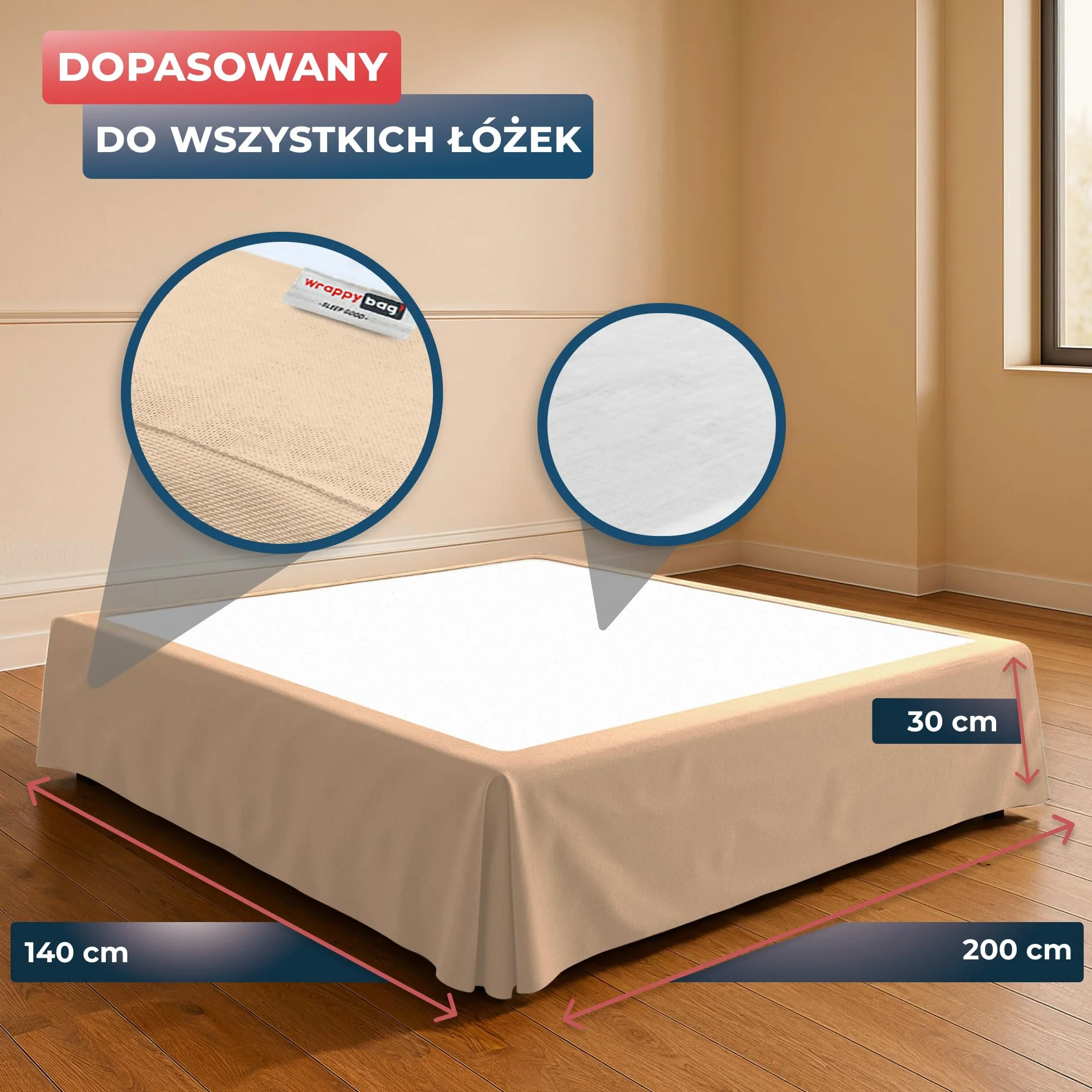 Wrappybag Falbana na Łóżko Pokrowiec na Stelaż 140 x 200 cm - Długi do Samej Podłogi – Odnawia i Chroni Stelaż – Kolor Bezowy – 8 Dostępnych Rozmiarów