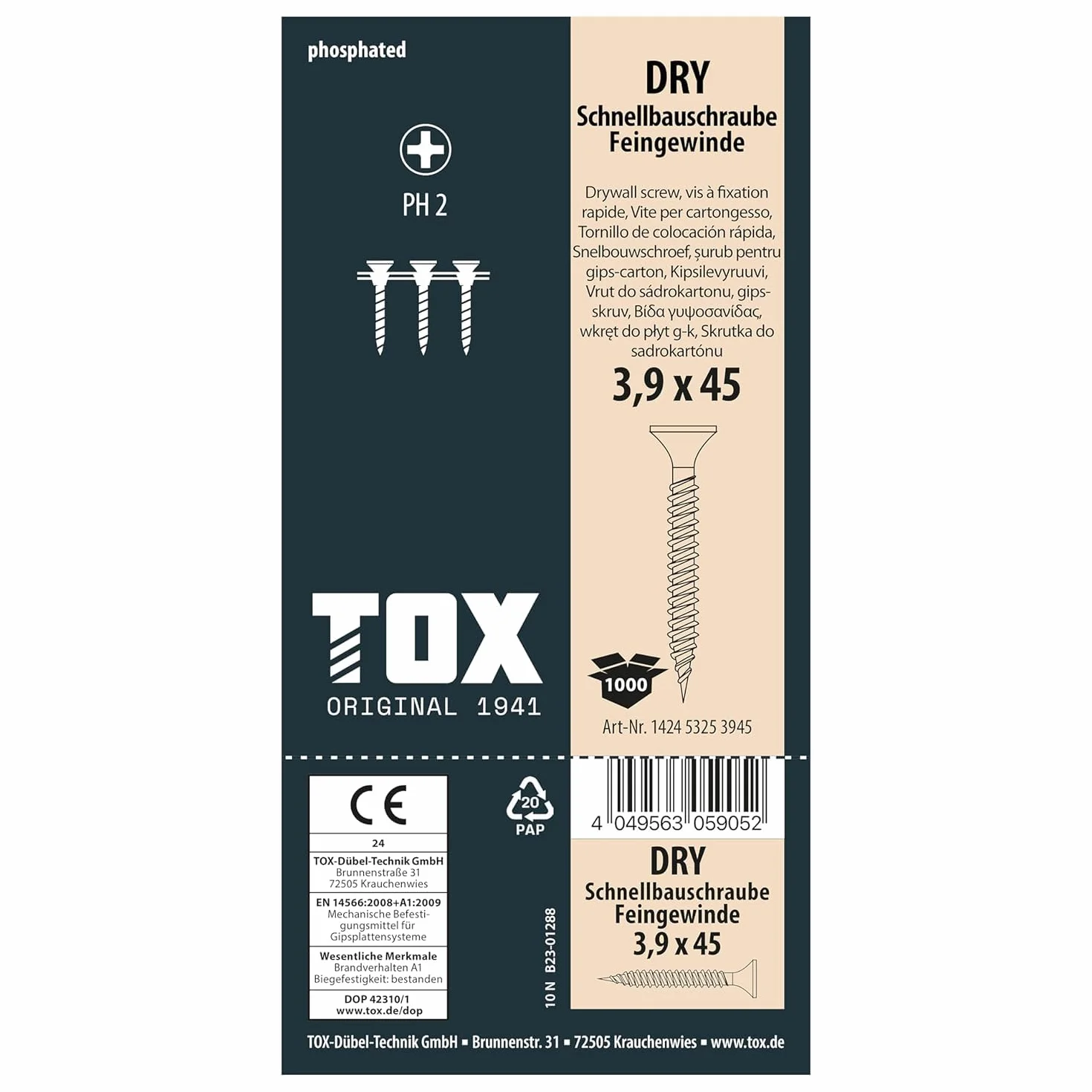 TOX Wkręty do szybkiego montażu DRY FG 3,9 x 35 mm, śruby czarne fosforanowane z głowicą trąbki + drobny gwint, płyta gipsowo-kartonowa na metalowej konstrukcji podłoży, PH2, 1000 sztuk, w zestawie 1