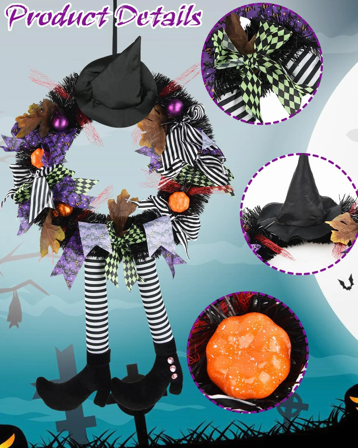 SHAVINGFUN Dekoracje Halloween, Wieniec Czarownicy, Czarny Wieniec z Kapeluszem, Czarownice, Dynia, Do Wewnątrz i Zewnątrz, Do Domu