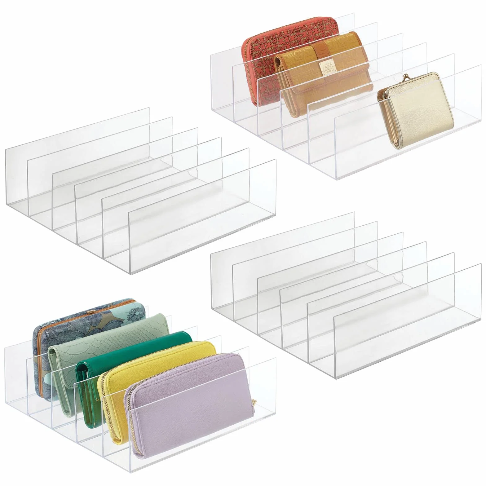 mDesign Plastikowy organizer do szafy – Elegancki i praktyczny stojak na torebki i inne akcesoria – Wielofunkcyjny organizer do garderoby, przedpokoju i szafy – 4-pack – Błękitny przezroczysty