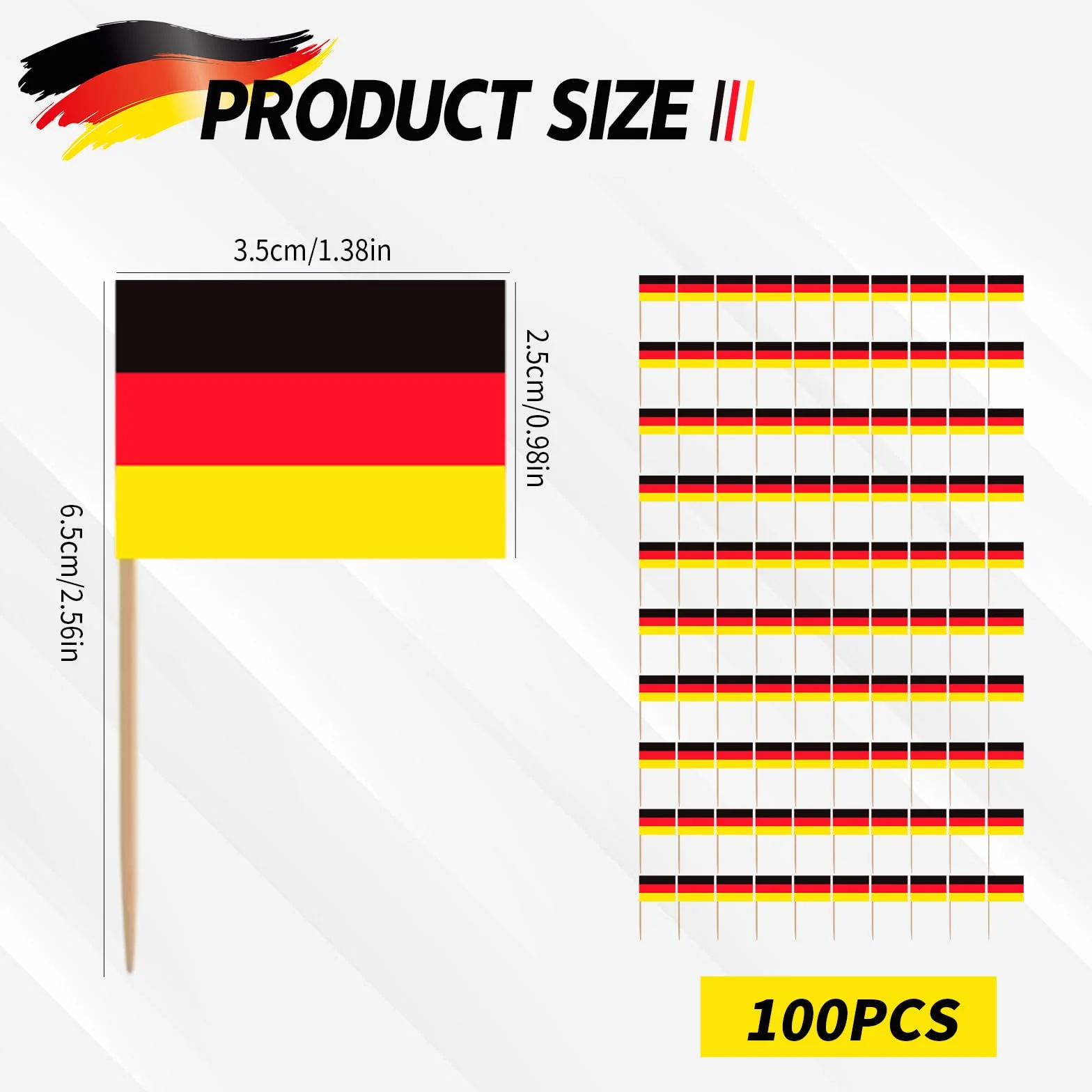 100 sztuk flaga Niemcy Wykałaczka, Cocktail Stick Flagi Mini Banner Cupcake Toppers Party, Patyczki na imprezę, jedzenie, owoce, talerze, imprezy, puby, dekoracja