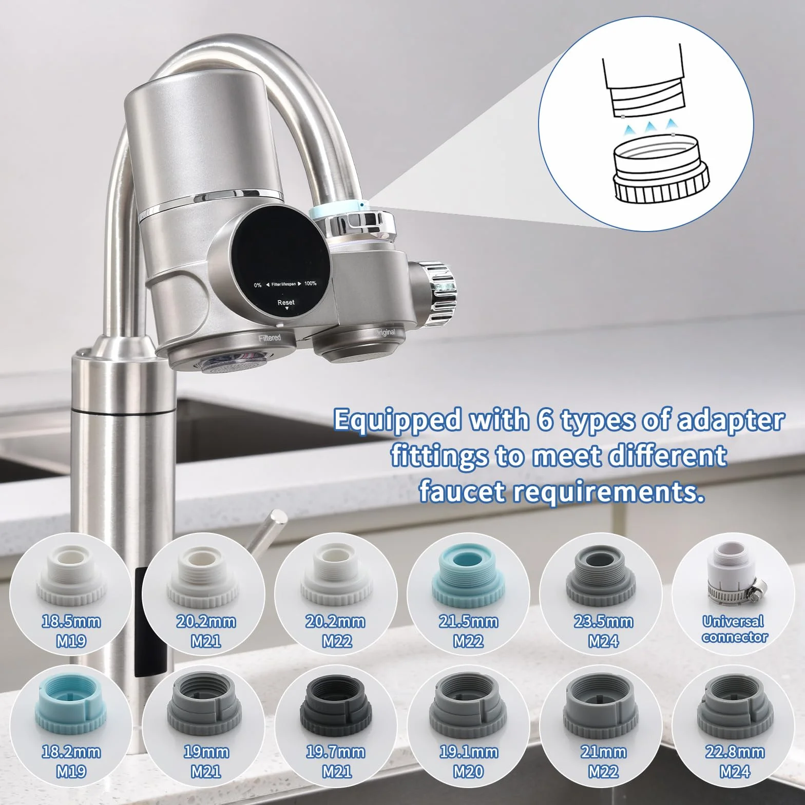 HOMELODY Filtr do wody kran z niebieskim światłem, 5 filtrów w zestawie, usuwa chlor, metale ciężkie i kamień, 12 x adapter