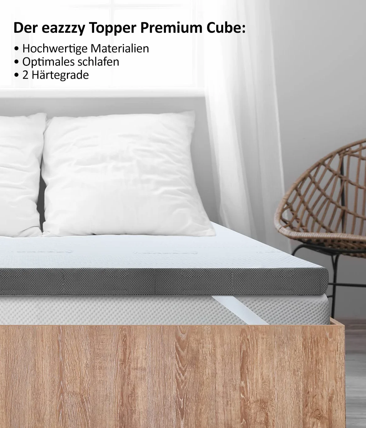 Genius eazzzy Premium Cube Topper o wysokości 9 cm, ergonomiczny materac wierzchni 2 w 1, dwustronny topper z mocną i miękką stroną, oddychający pokrowiec z siateczki, z pętelkami narożnymi, nadaje