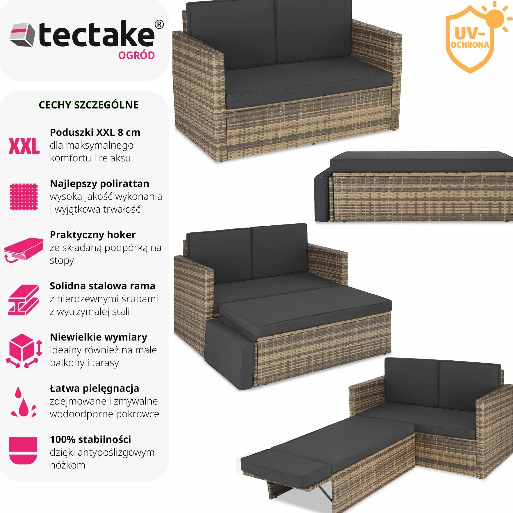 tectake® Zestaw Wypoczynkowy Korfu,do Domu, Ogrodu i na Taras, Technorattan, Duży Puf z Podporą, Stelaż ze Stali, Wodoodporne Poduszki (Naturalny)