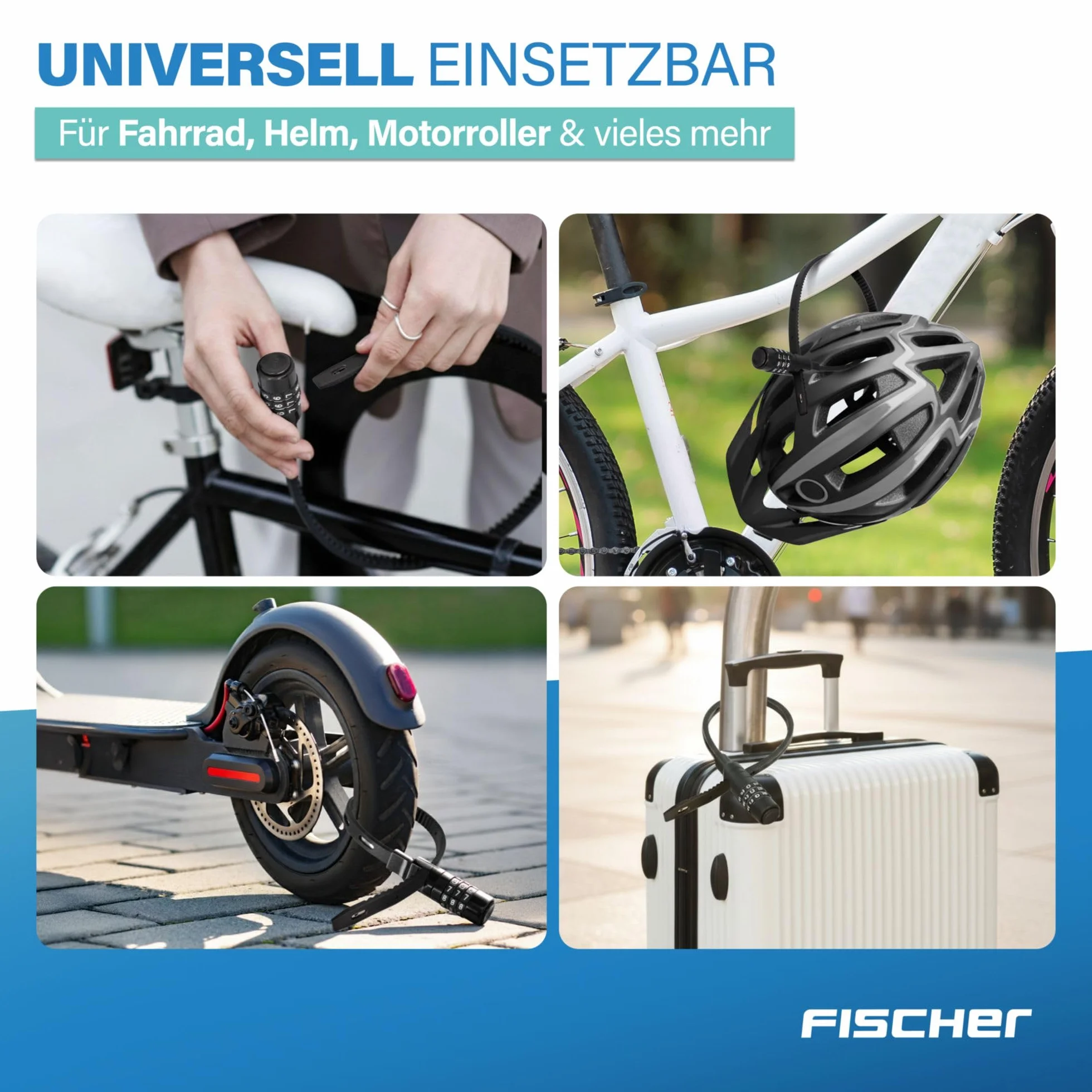 FISCHER Zamek rowerowy, specjalny zamek z zamkiem szyfrowym, do roweru, kasku lub jazdy na nartach, czarny, długość: 53 cm