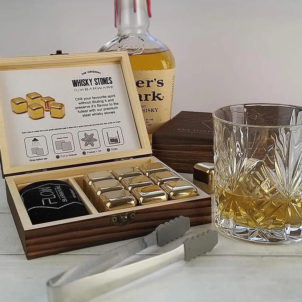 FLOW Barware Zestaw upominkowy do whisky 9 kamieni ze stali nierdzewnej drewniane pudełko