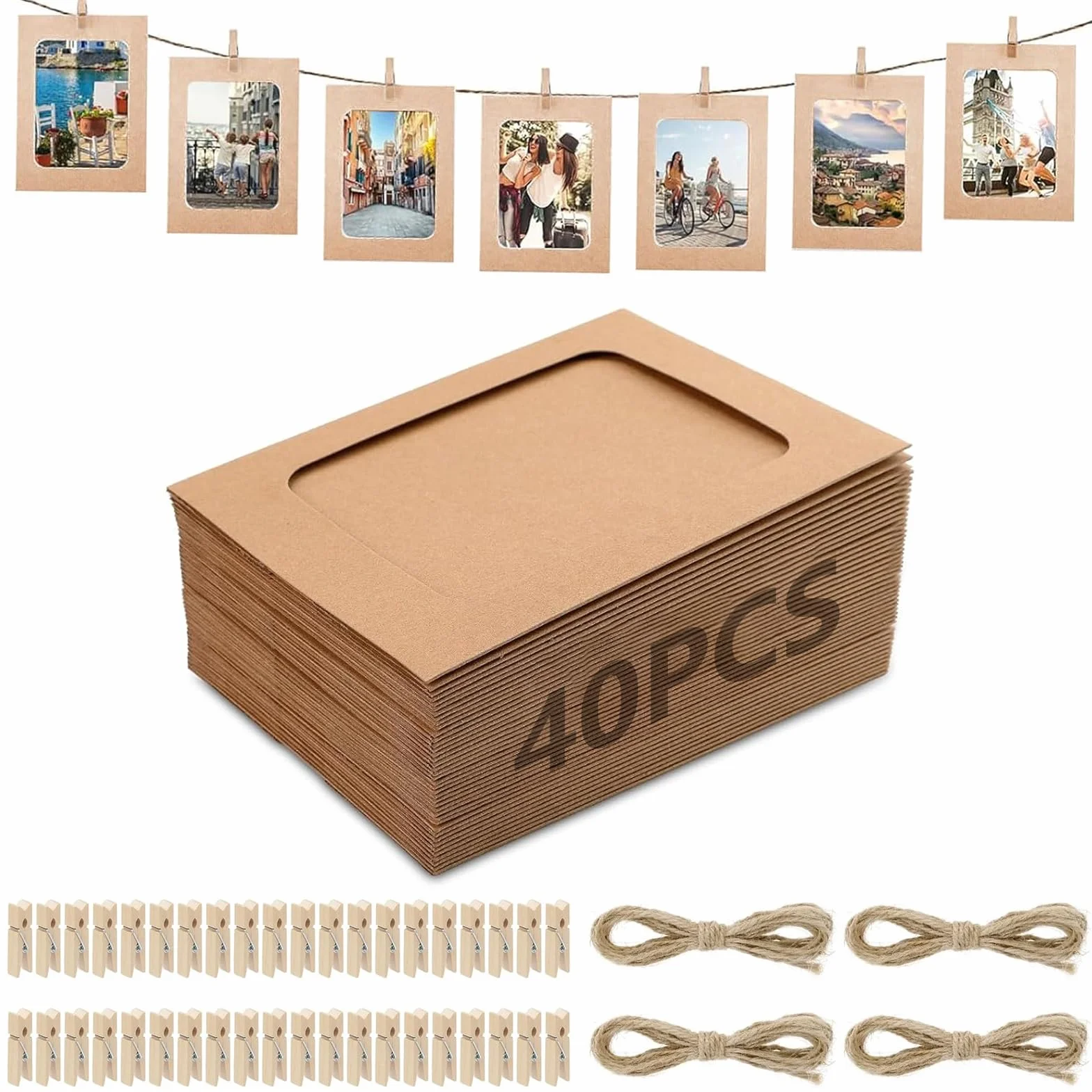 40 sztuk papierowych ramek na zdjęcia, 10 x 15 cm, brązowe ramki na zdjęcia z kartonu, girlanda na zdjęcia z 40 drewnianymi klamerkami i 4 linkami konopnymi, smycz do zdjęć z klamerkami, do