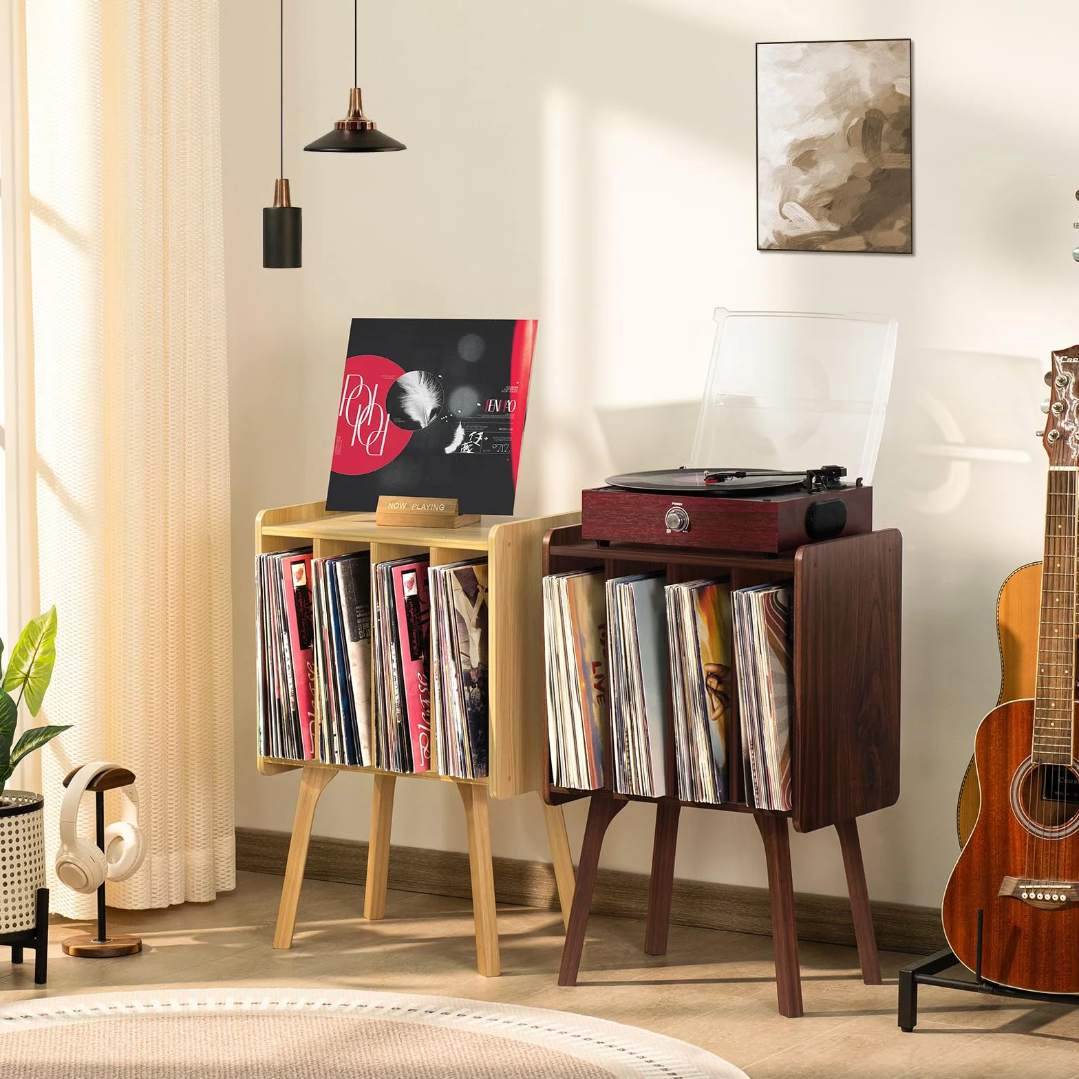 LELELINKY Mały Stojak Gramofonowy - Szerokość 29,7 cm, Stół do Przechowywania Płyt Winylowych z 4 Szafkami, do 80 Albumów, Uchwyt Winylowy z Drewnianymi Nogami, Sypialni, Salonu
