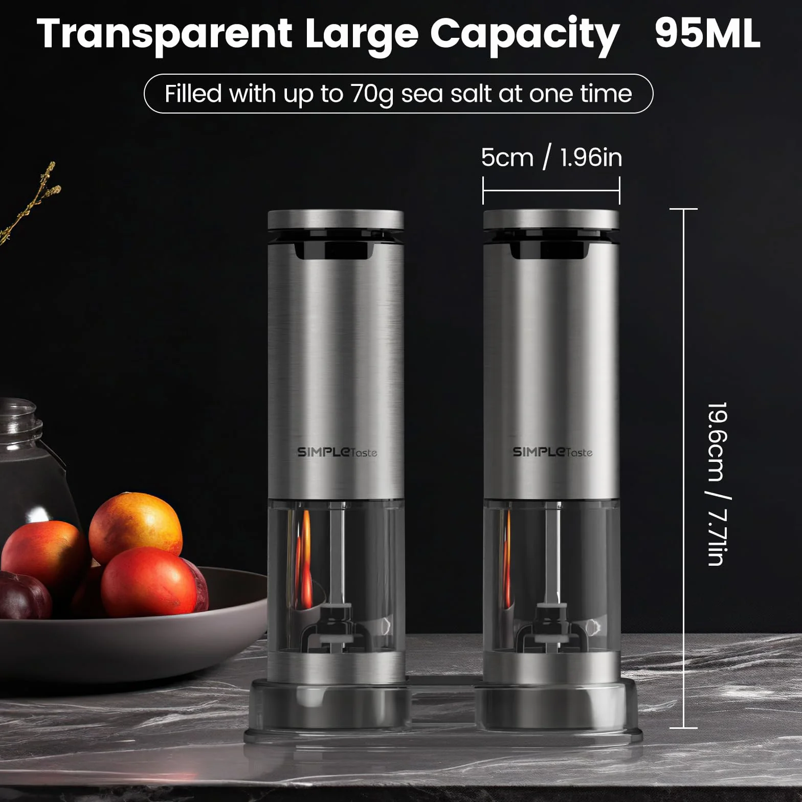 SIMPLETASTE Zestaw Elektrycznych Młynków do Pieprzu i Soli z Regulacją Grubości Mielenia, Ładowanie USB-C, LED, 2 sztuki