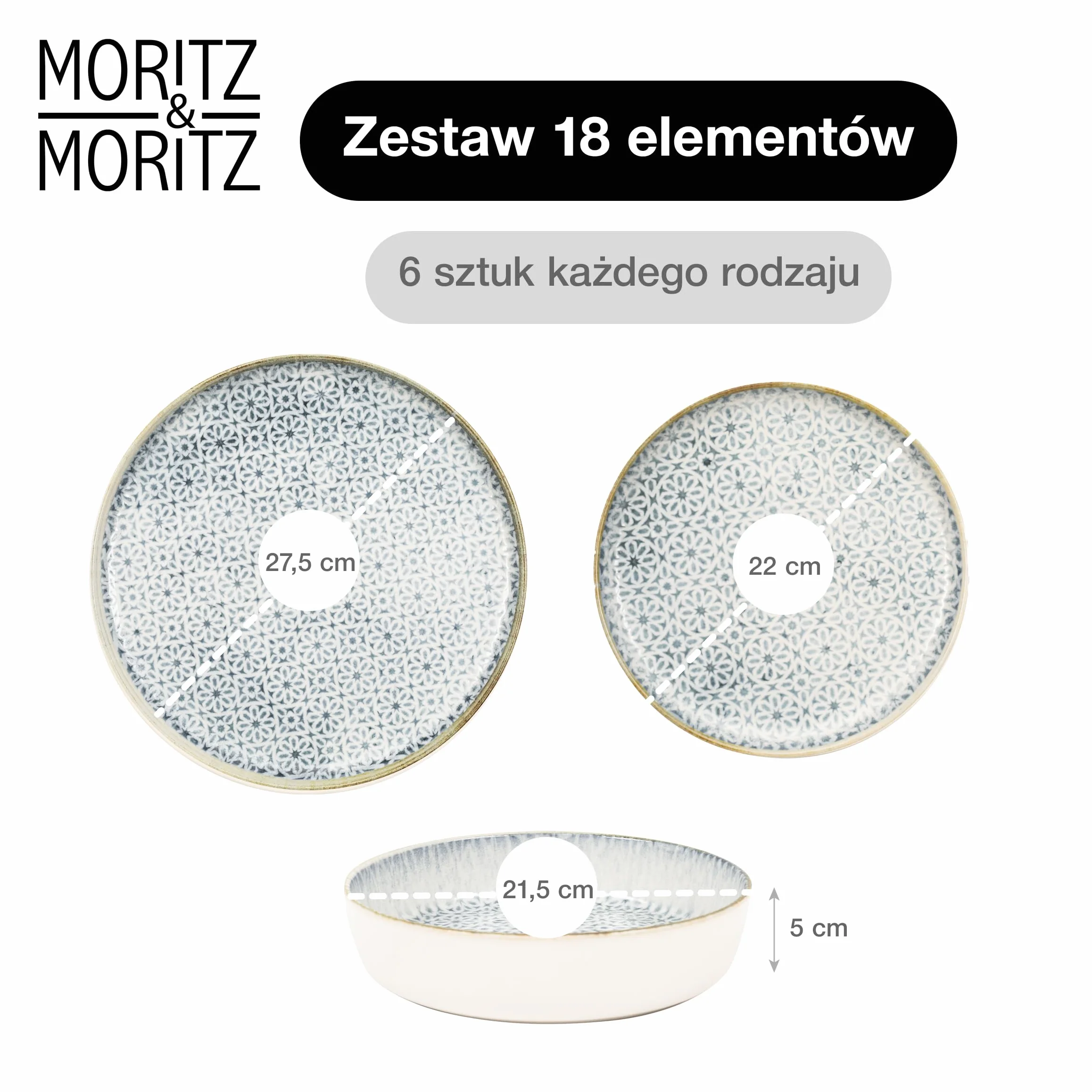 Moritz & Moritz ALHAMBRA 18-częściowy zestaw naczyń dla 6 osób, z wysokiej jakości porcelany, nowoczesny serwis stołowy w kolorze niebieskim, łatwy w pielęgnacji, zestaw 6 talerzy obiadowych, talerzy