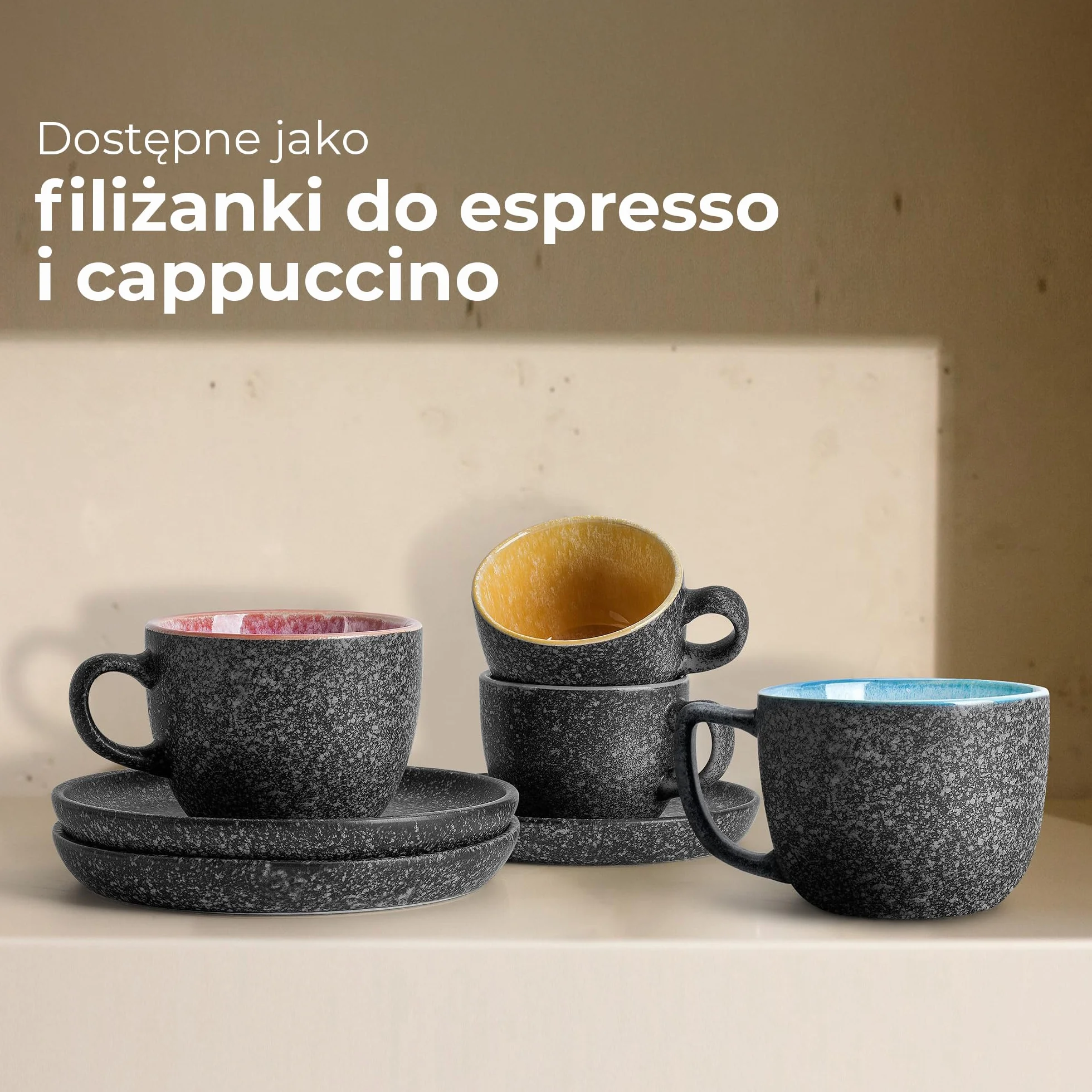 MIAMIO Ceramiczny kubek do cappuccino 190 ml zestaw 6 sztuk ze spodkami i metalowym stojakiem