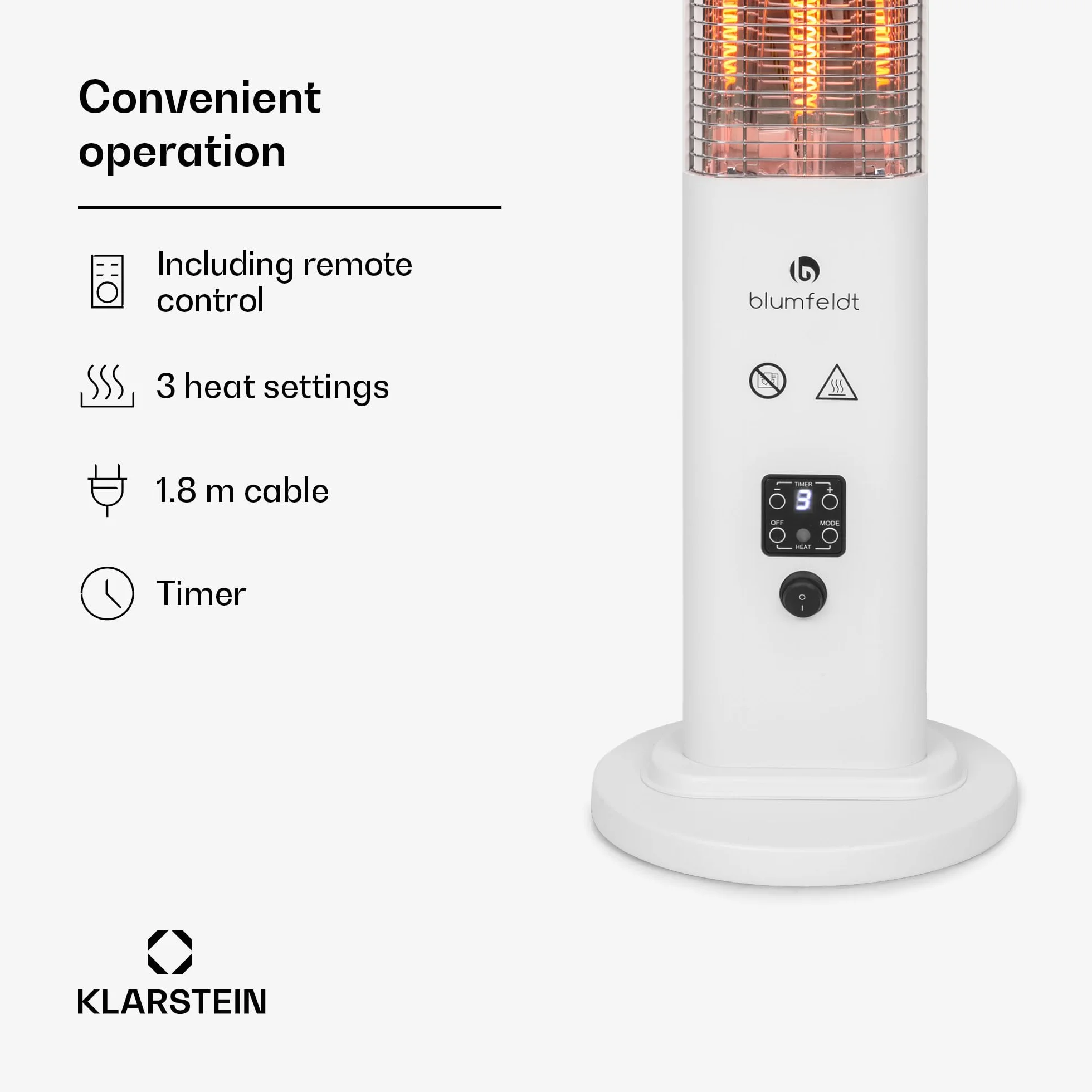 Blumfeldt Heat Guru Plus - Promiennik In & Out, ogrzewanie postojowe, moc: 1200 W, 9-godzinny timer, węglowy element grzewczy, 3 stopnie grzania, obudowa ze stopu aluminium anodowanego - kolor biały