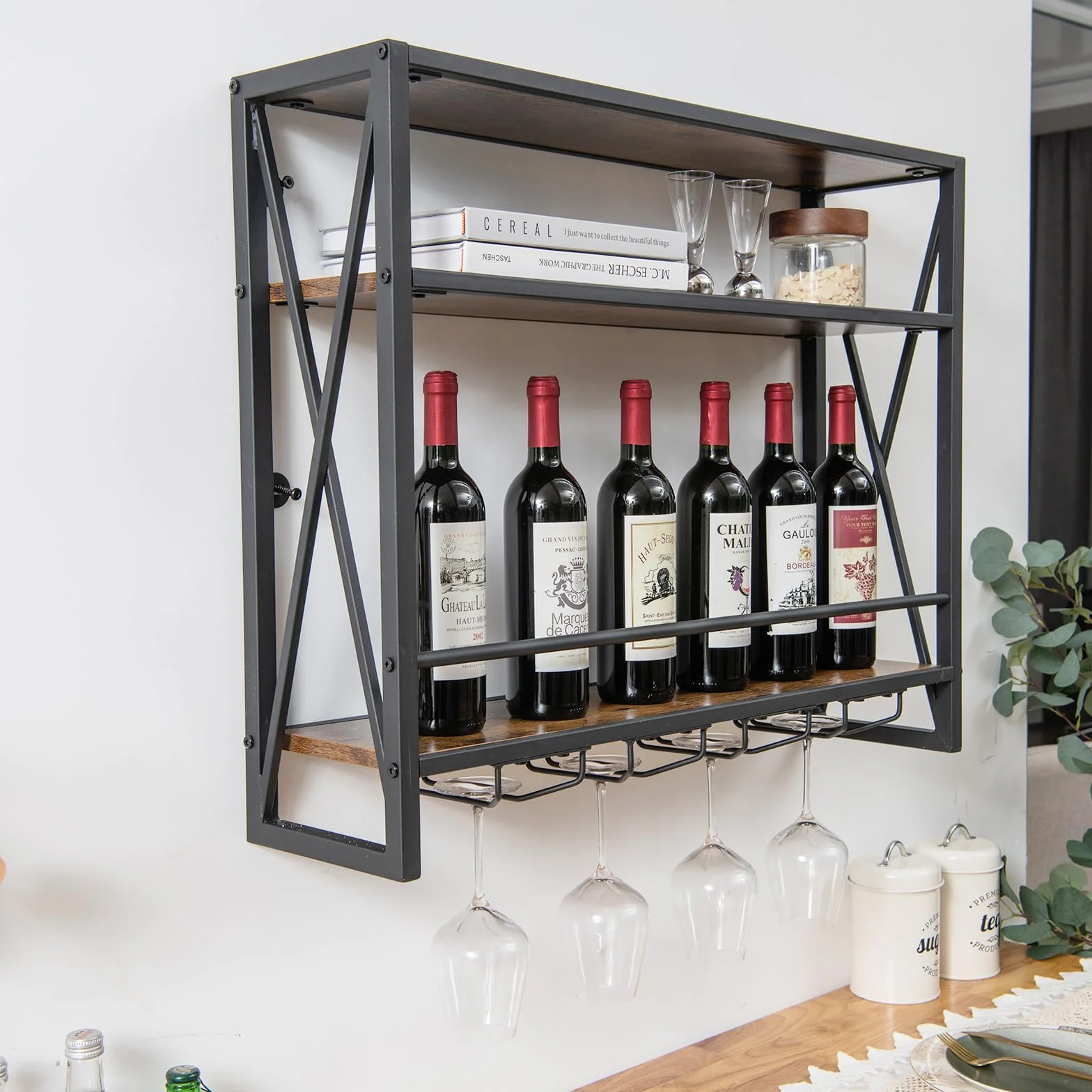 GOPLUS Regał na wino na ścianie z uchwytem na szklanki, regał na ścianie, regał na butelki z metalową podstawą, uchwyt na butelki, uchwyt na wino do kuchni i salonu (brązowy, 80 × 20 × 63 cm)